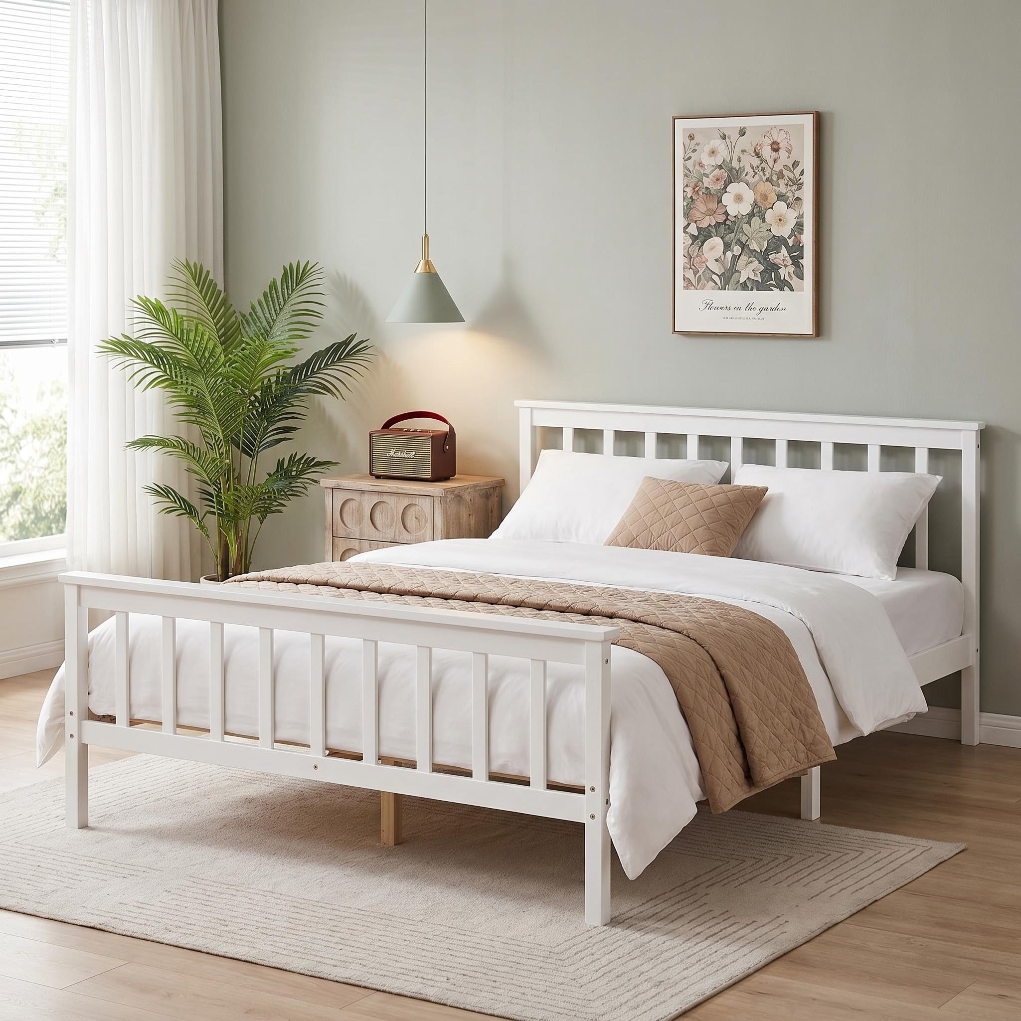Panana Double Bed Solid Wood Bed Frame White Wooden For Adults, Kids, Teenagers (White)