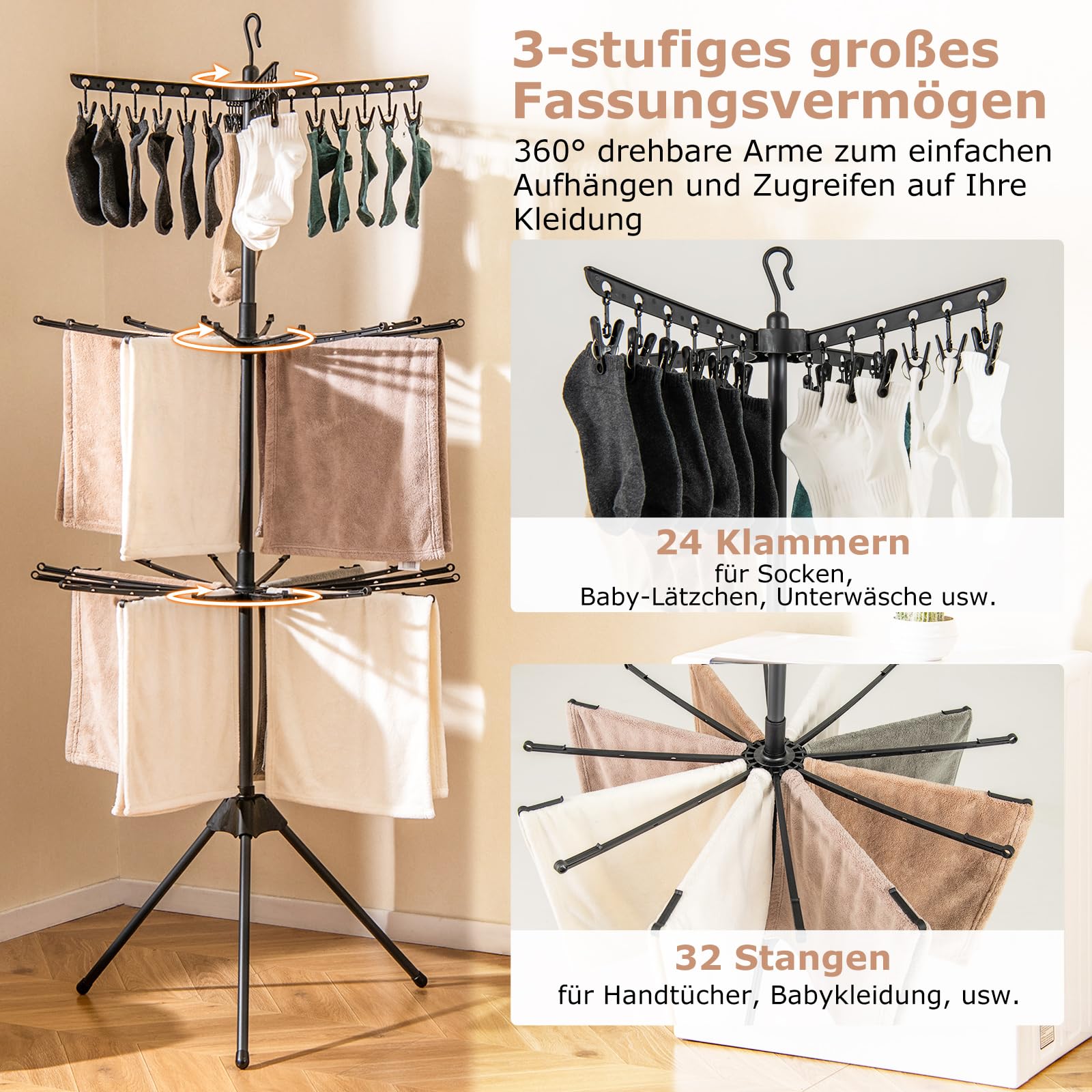 COSTWAY 3-stufiger Wäscheständer klappbar, 178cm freistehender Dreibein-Trockenständer mit 24 Clips & 32 Stangen, platzsparender Handtuchtrockner mit 360° drehbaren Armen, Schwarz