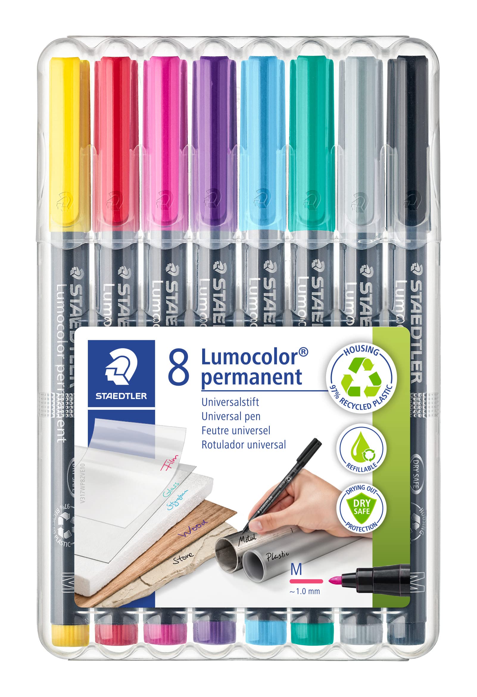 STAEDTLER permanentny uniwersalny pisak Lumocolor, odporny na rozmazywanie i działanie wody, szybkoschnący, do ponownego napełniania, szerokość linii 1 mm, 8 markerów w żywych kolorach w stabilnym pudełku Staedtler, 317 WP8-2