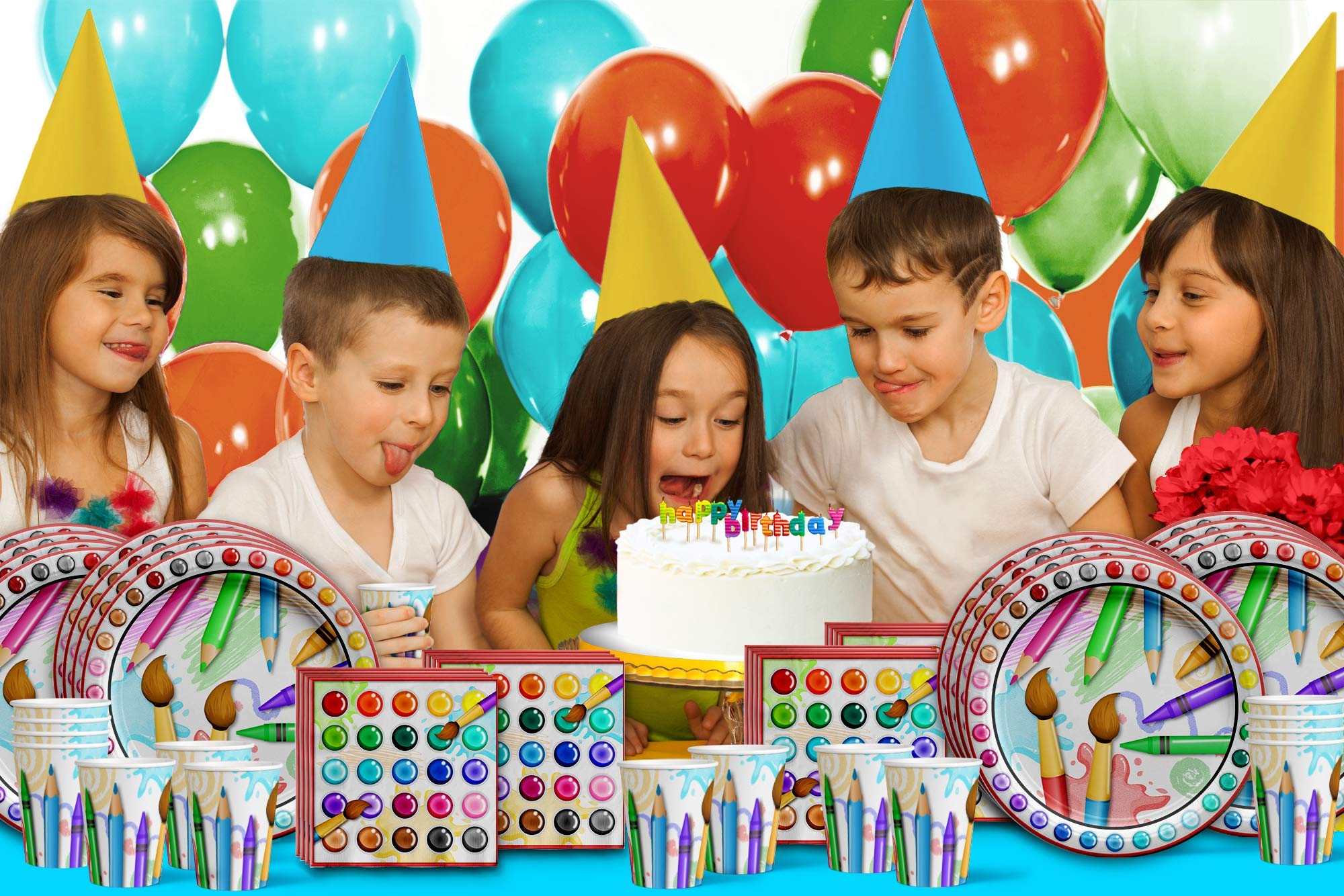 Birthday Galore Artysta obraz artykuły na przyjęcie urodzinowe zestaw talerzy serwetki kubki artystyczny zestaw zastawy stołowej dla 16 osób