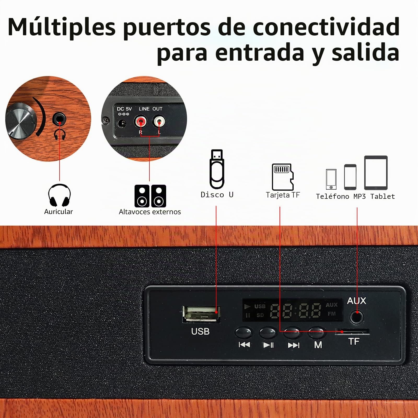 VOSTERIO Tocadiscos de Vinilo de 3 Velocidades con Altavoces estéreo, Vintage Giradiscos Bluetooth, RCA, USB y Lector de para Convertir Discos de Vinilo a Archivos Digitales, Acabado en Madera