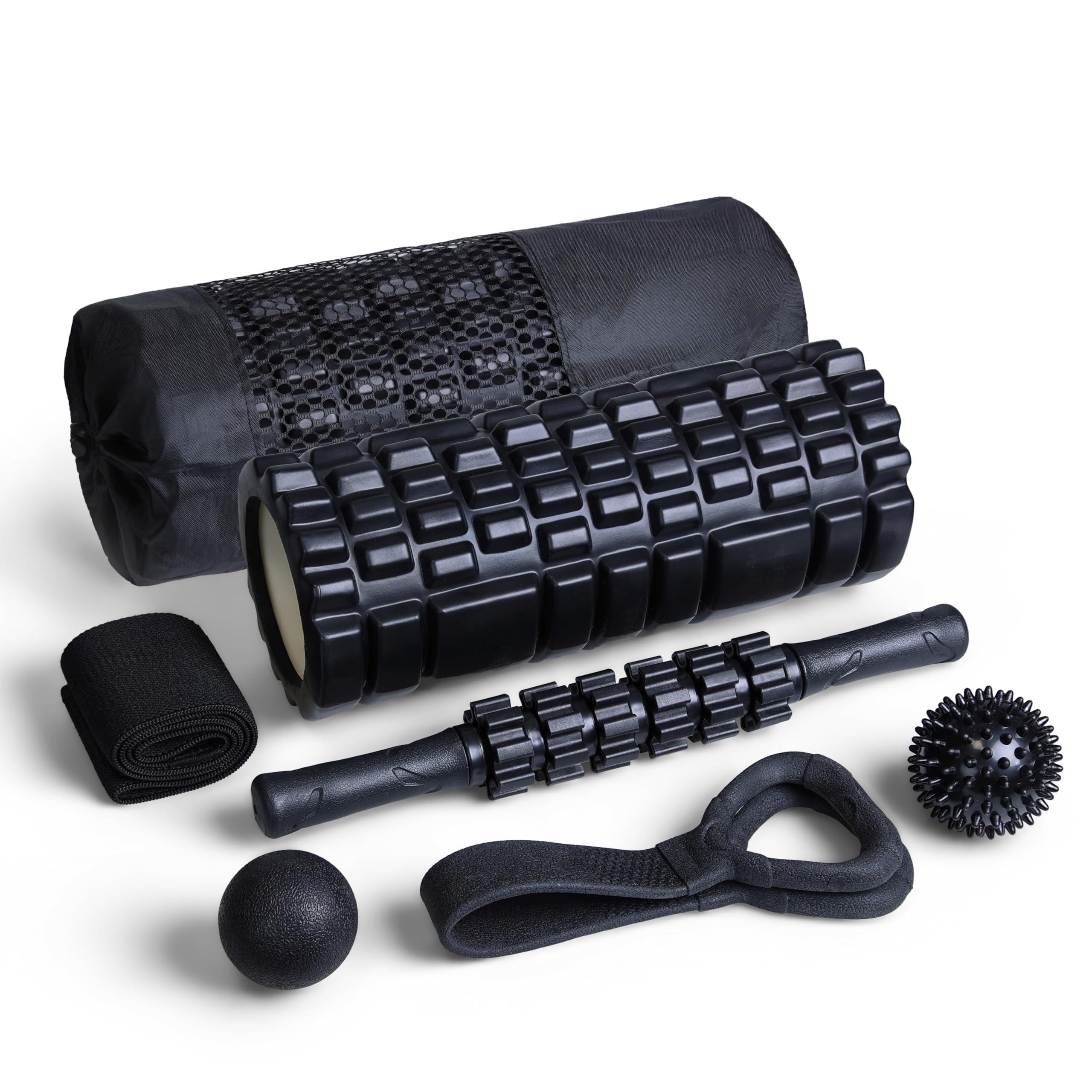 7 in 1 Foam Roller Set, High Density Fitness Exercise Foam Roller, Muscle Roller Stick, Massage Ball, Spiky Ball, Resistance Band, Stretching Band, Fitness Exercise for Whole Body (Black)