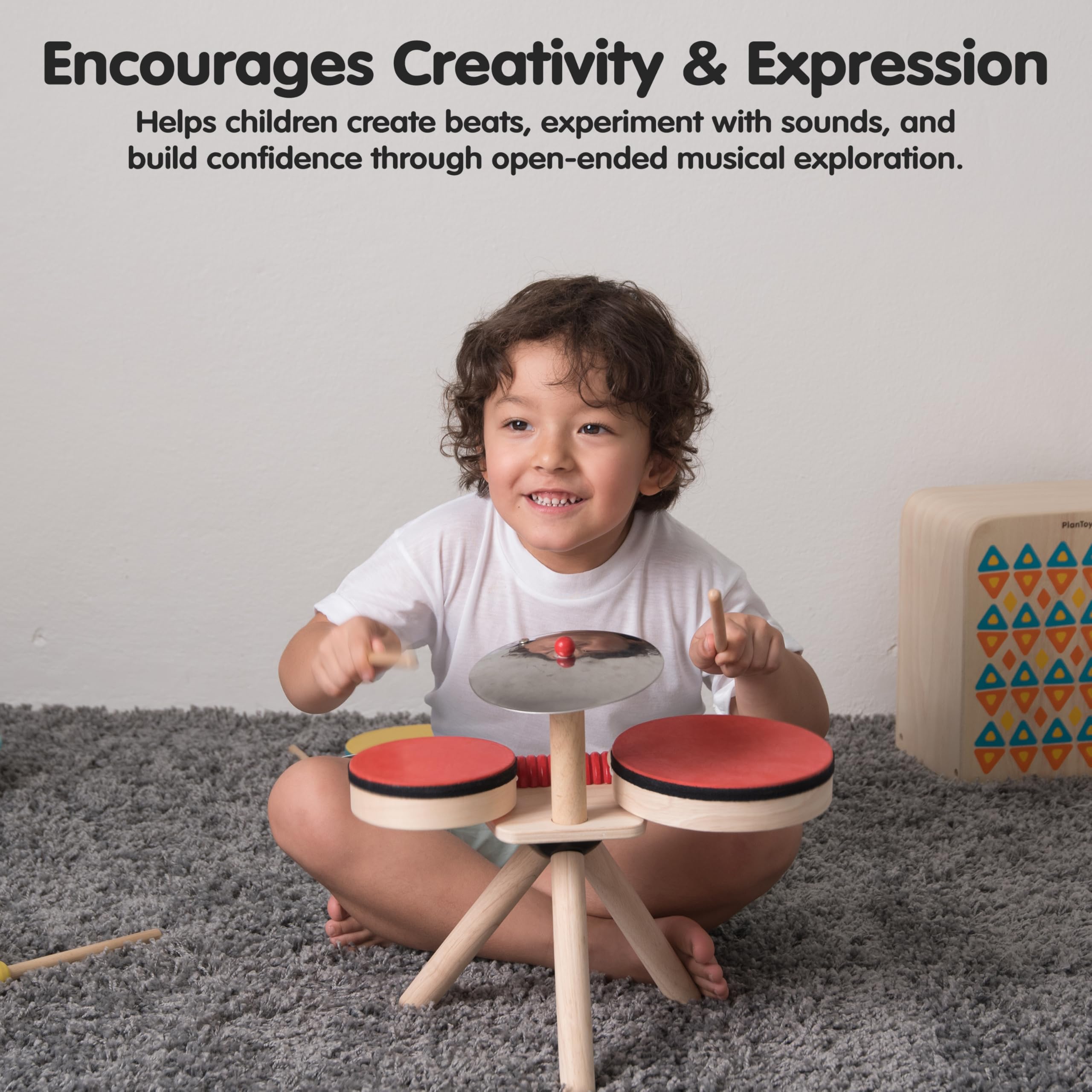 Plan Toys Musical Band | Drum Cymbal Guiro, Wooden Musical Band Set, Montessori sensory exploration, coordination creative expression, kids music inst