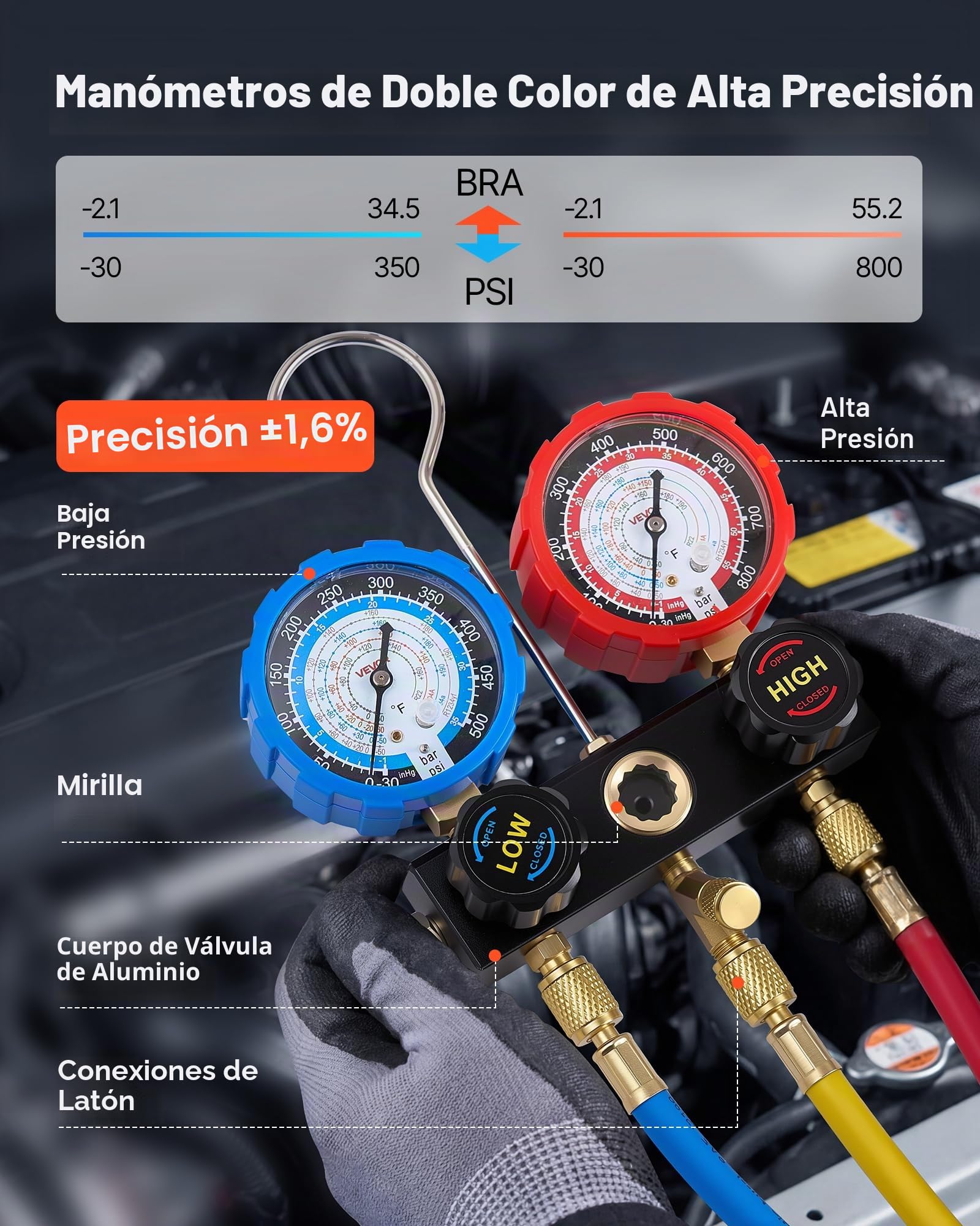 VEVOR Juego de Manómetros de 3 Vías para Carga de Refrigeración R134a R404A R1234yf R22, con Manguera de 1,5 m, Adaptadores, Acopladores Rápidos, Grifos para Mantenimiento de Aire Acondicionado