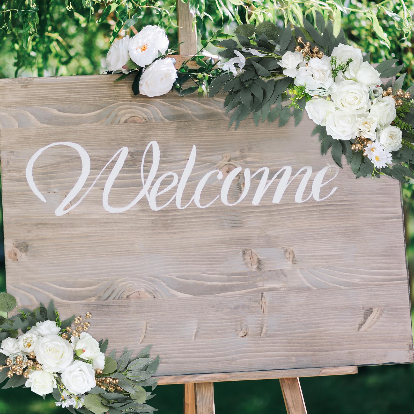 PATIKIL Arco de Bodas Flores, 2Pcs Flores Artificiales de Seda Falsa Guirnalda de Flores con Hojas Y Banda de Clip para Decoración de Recepción de Ceremonia de Cartel, Blanco