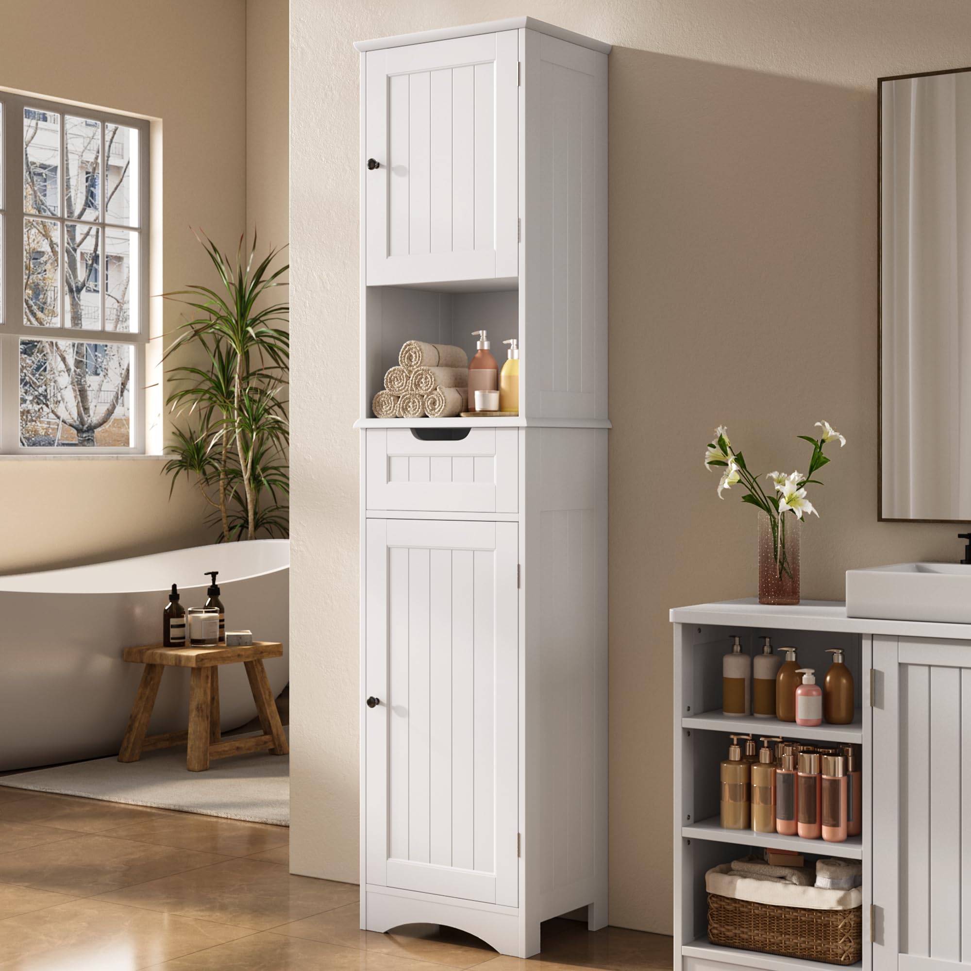 Mobiletto da Bagno Alto con Ripiani Regolabili, Cassetto, Scomparto Aperto, Porte Magnetiche e Protezione Antiribaltamento – 170 x 40 x 30 cm (Bianco)
