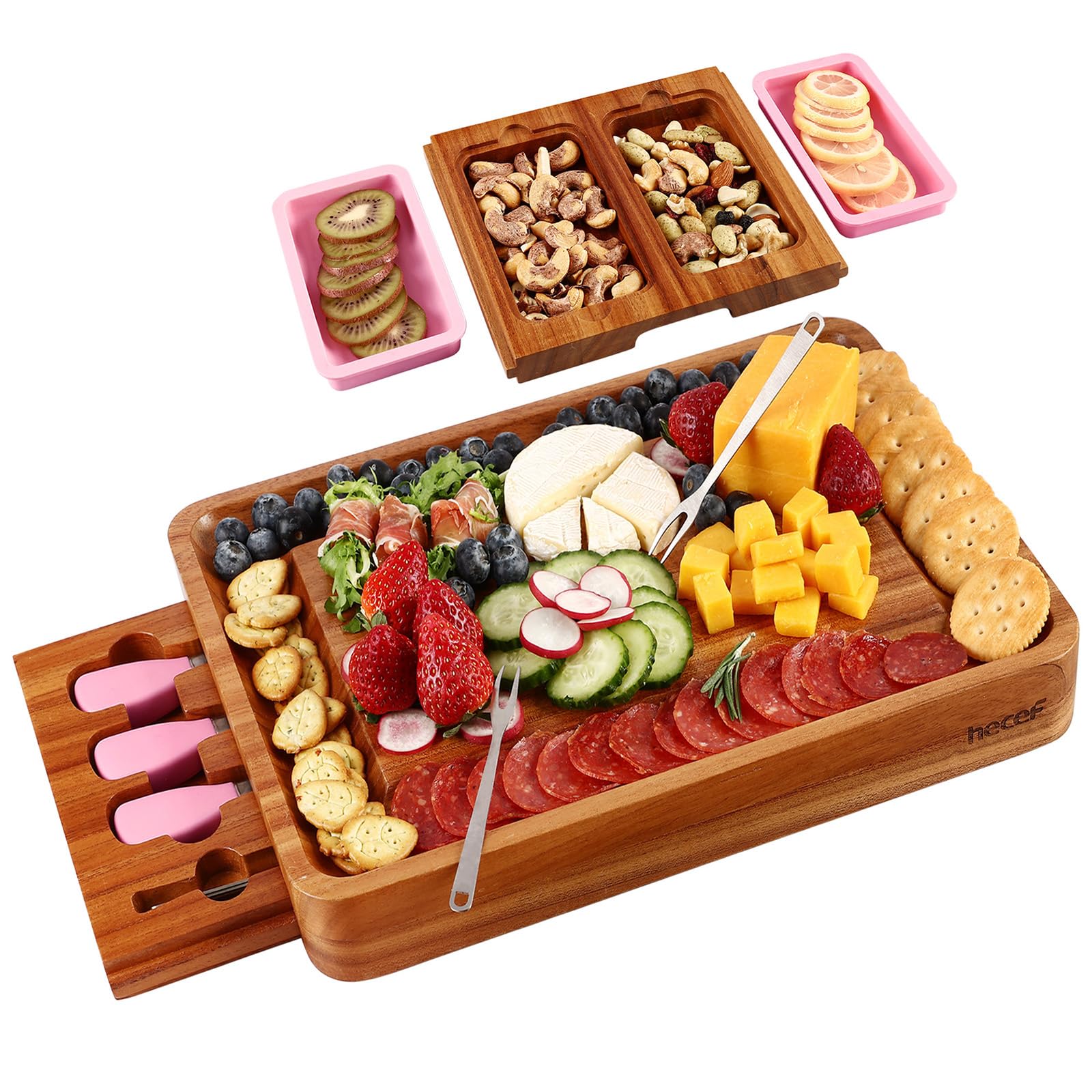 hecef Tabla de quesos Grande de Madera con Accesorios, 2 cajones