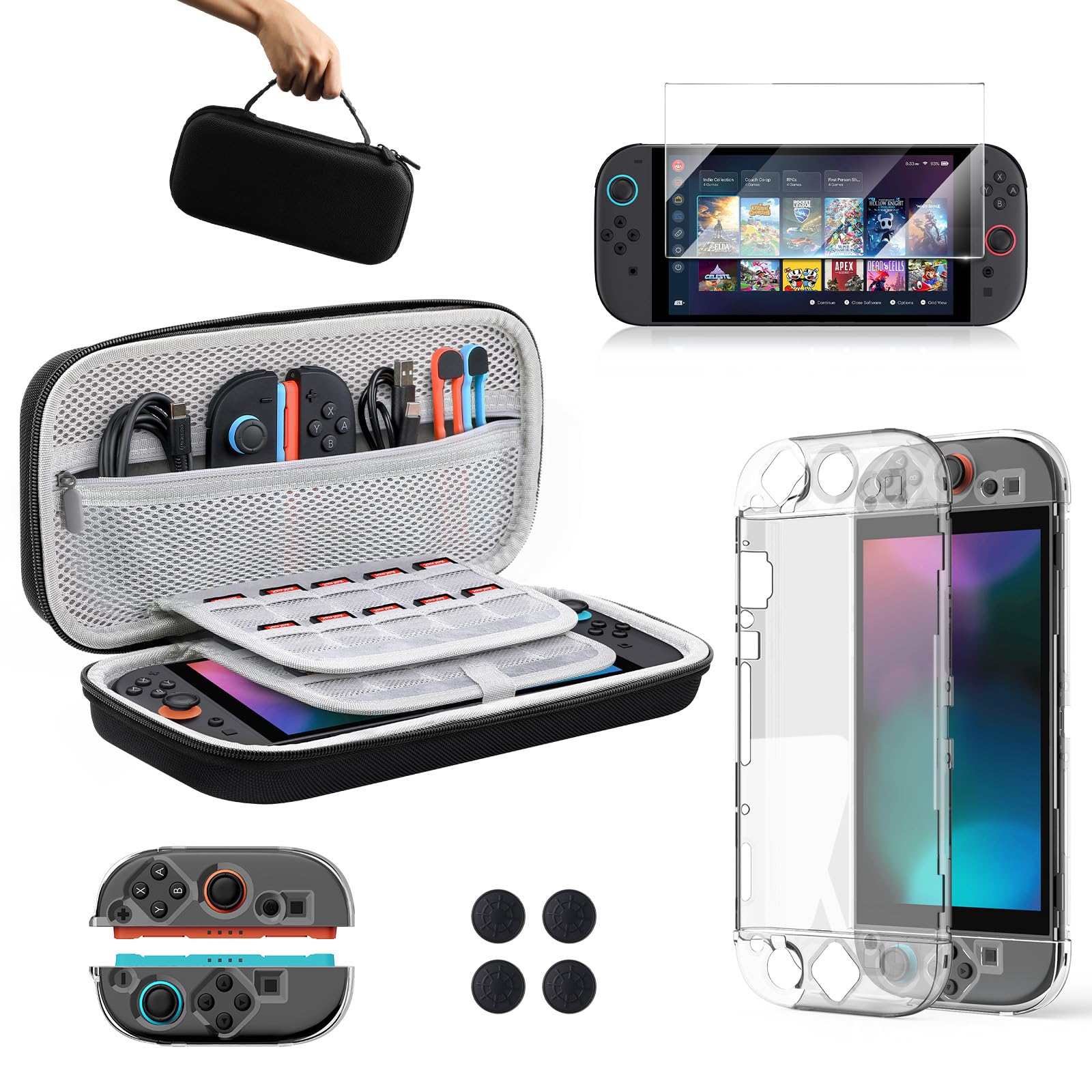 Lmcpa Accessories Bundle for Nintendo Switch 2 (2025), Gift Kit with Carrying Case, Dockable Protective Cover, HD Screen Protector, Silicone Anti-Slip Joy-Con Skins&More for Switch New Gen 2025-Black