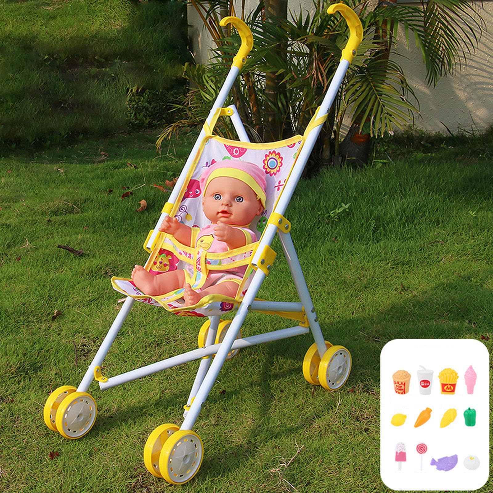 Sharplace Cochecito de muñecas para niños, Juguete de Cochecito de muñecas, Juego de rol para niños de 3 años, Amarillo