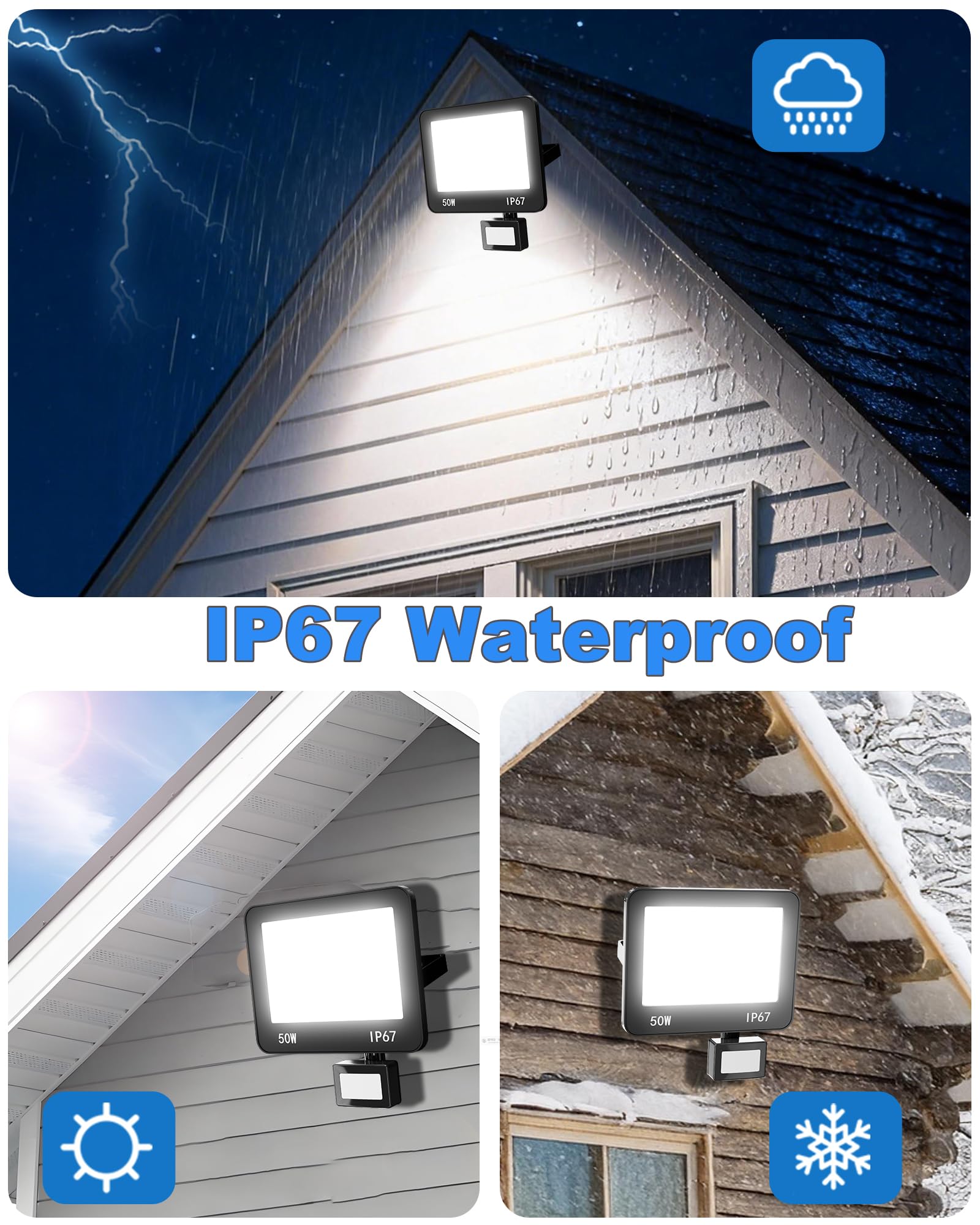Projecteur LED Extérieur avec Détecteur - 50W 5000LM Spot Exterieur Detecteur de Mouvement Blanc Froid 6500K, IP67 Étanche Lampe pour Garage Jardin Entrée Route