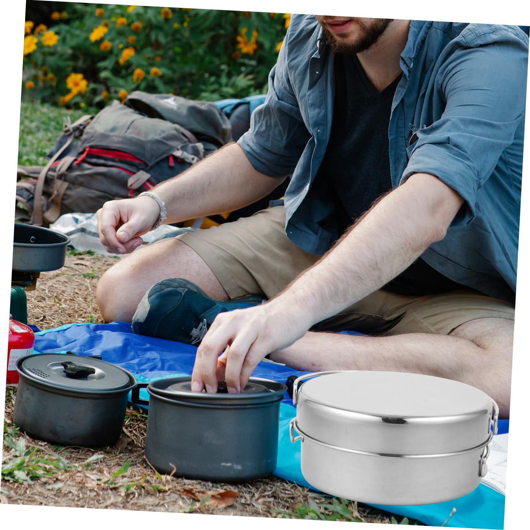 Yardwe 1set Outdoor Stainless Steel Camping Cookware Set Portable Cooking Utensils Kit for Hiking Picnics and Barbecues for People Easy to Carry and Use