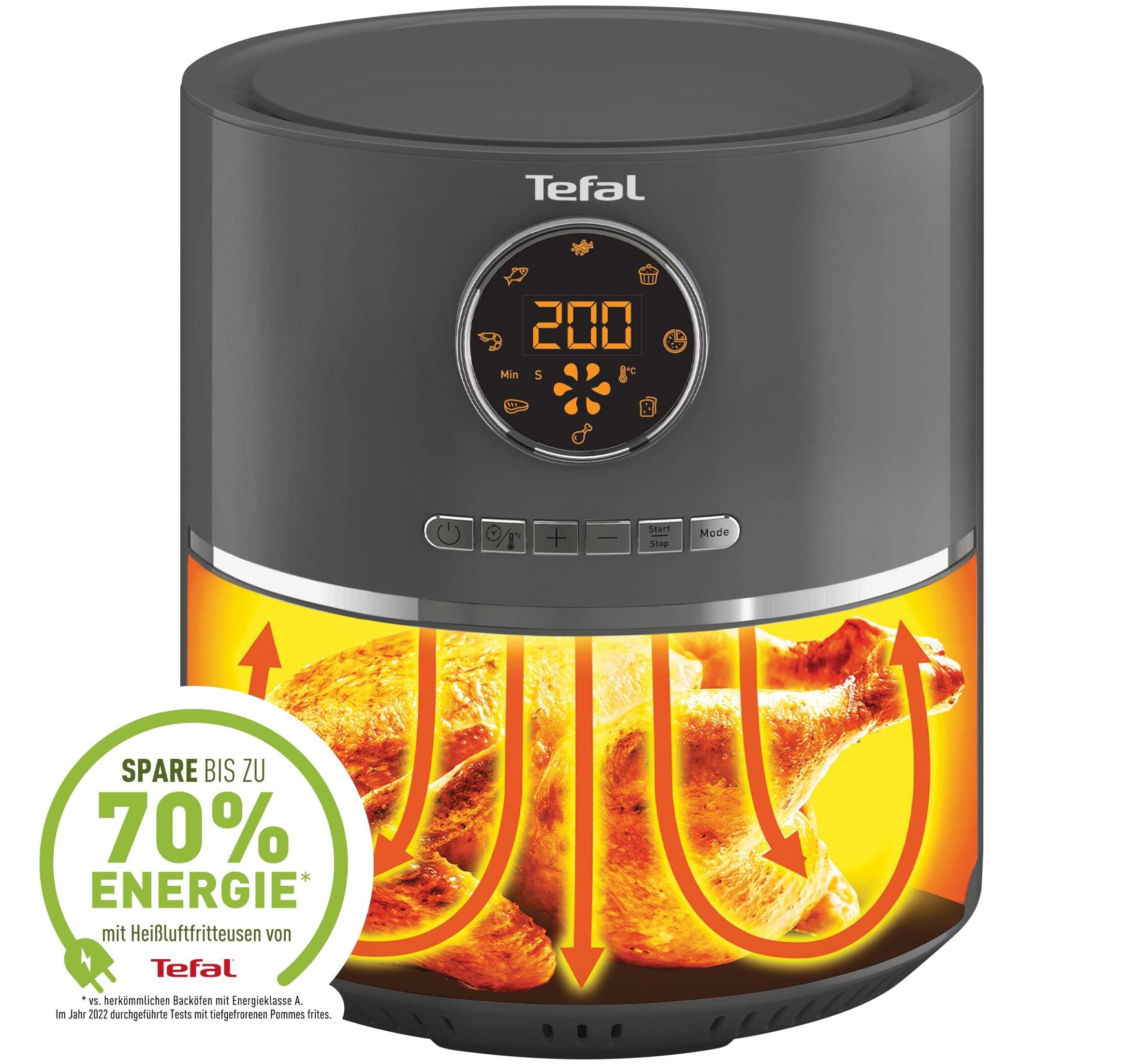 Tefal Ultra Fry Heißluftfritteuse Air Fryer, Frittieren, Rösten, Grillen, Backen, 4,2 L für 6 Personen, 8 Kochprogramme, Digitales Display, energiesparend, gesunde Friteuse ohne Öl, grau, EY111B