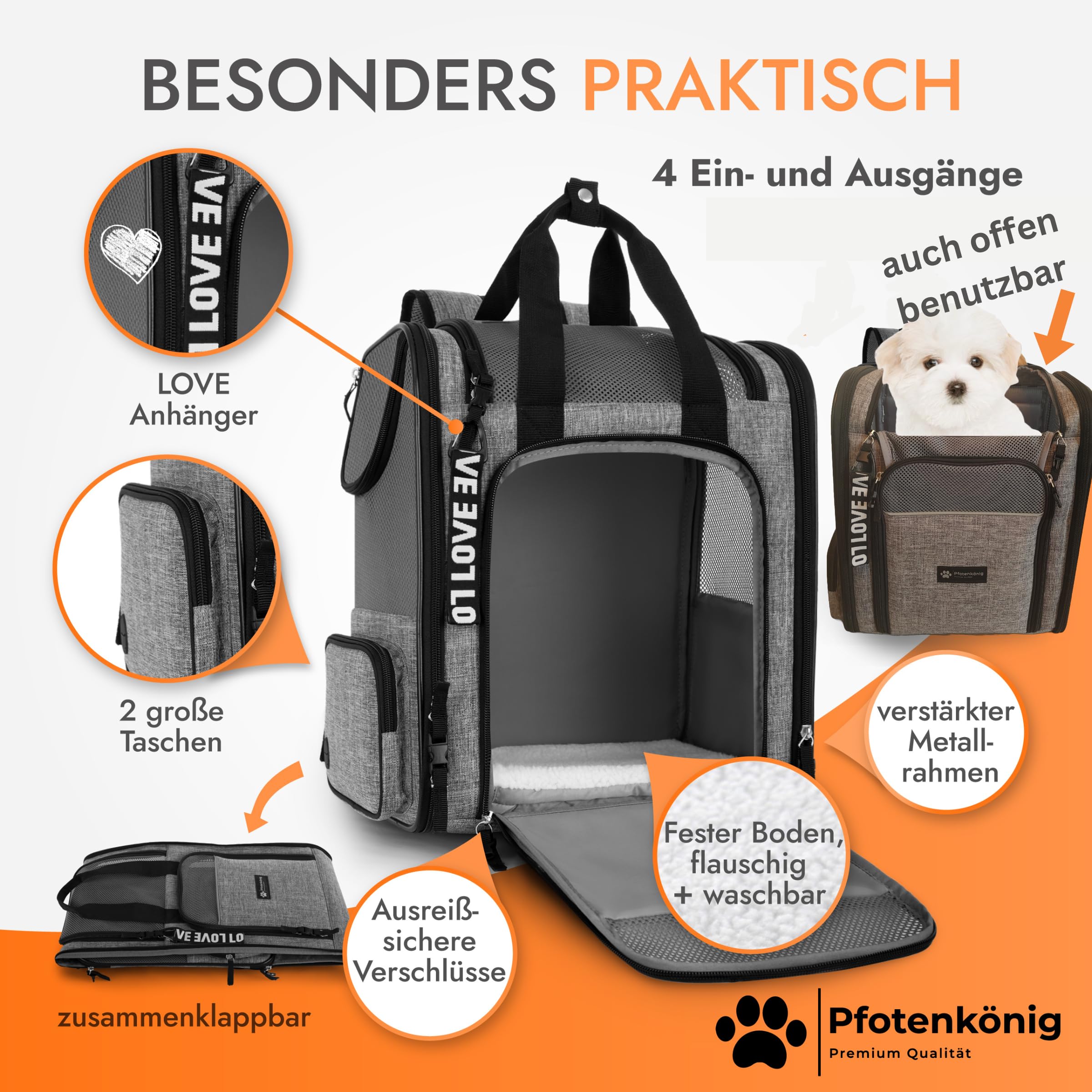 Hunderucksack - Premium [3in1] - bis 9kg - Katzenrucksack incl. Gurt - Rucksack für Hunde zum Wandern und Transport - Ideal als Wanderrucksack für Hunde nutzbar