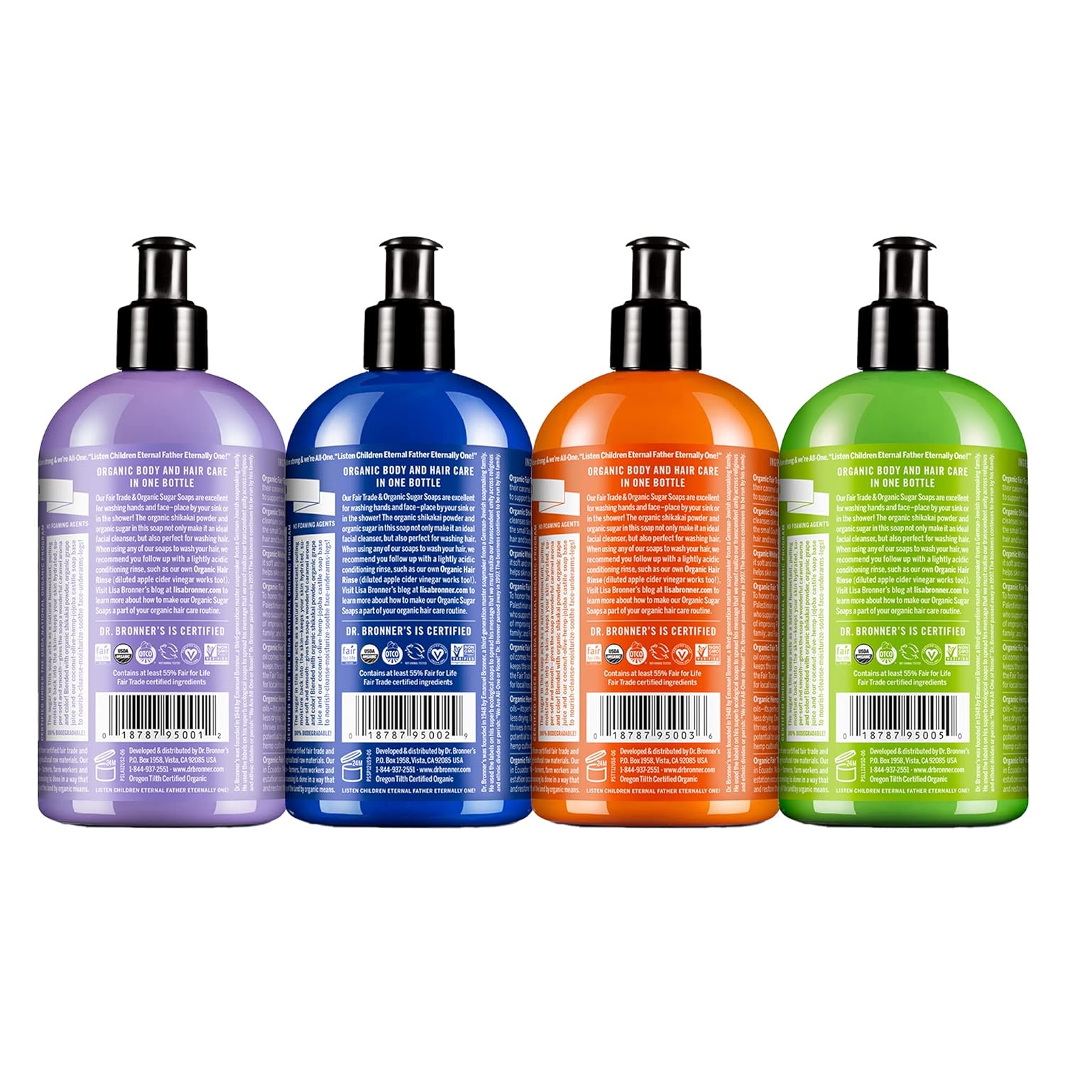 Dr. Bronner's - Organic Sugar Soap (12 oz Variety Pack) Lavender, Peppermint, Tea Tree, & Lemongrass - Made with Organic Oils, Sugar & Shikakai Powder, 4-in-1 Use: Hands, Body, Face & Hair | 4 Count