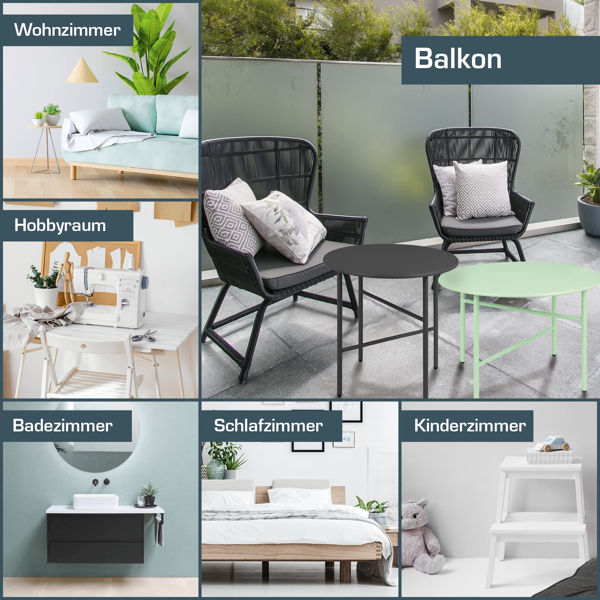 bomoe Beistelltisch Outdoor Gartentisch Rund Ø 44 cm Tischplatte Kratzfest – Stabiler Wohnzimmer Couchtisch Leicht In- & Outdoor Balkon Tisch Terrasse – Schwarz Nachttisch Bett Schlafzimmer Finn