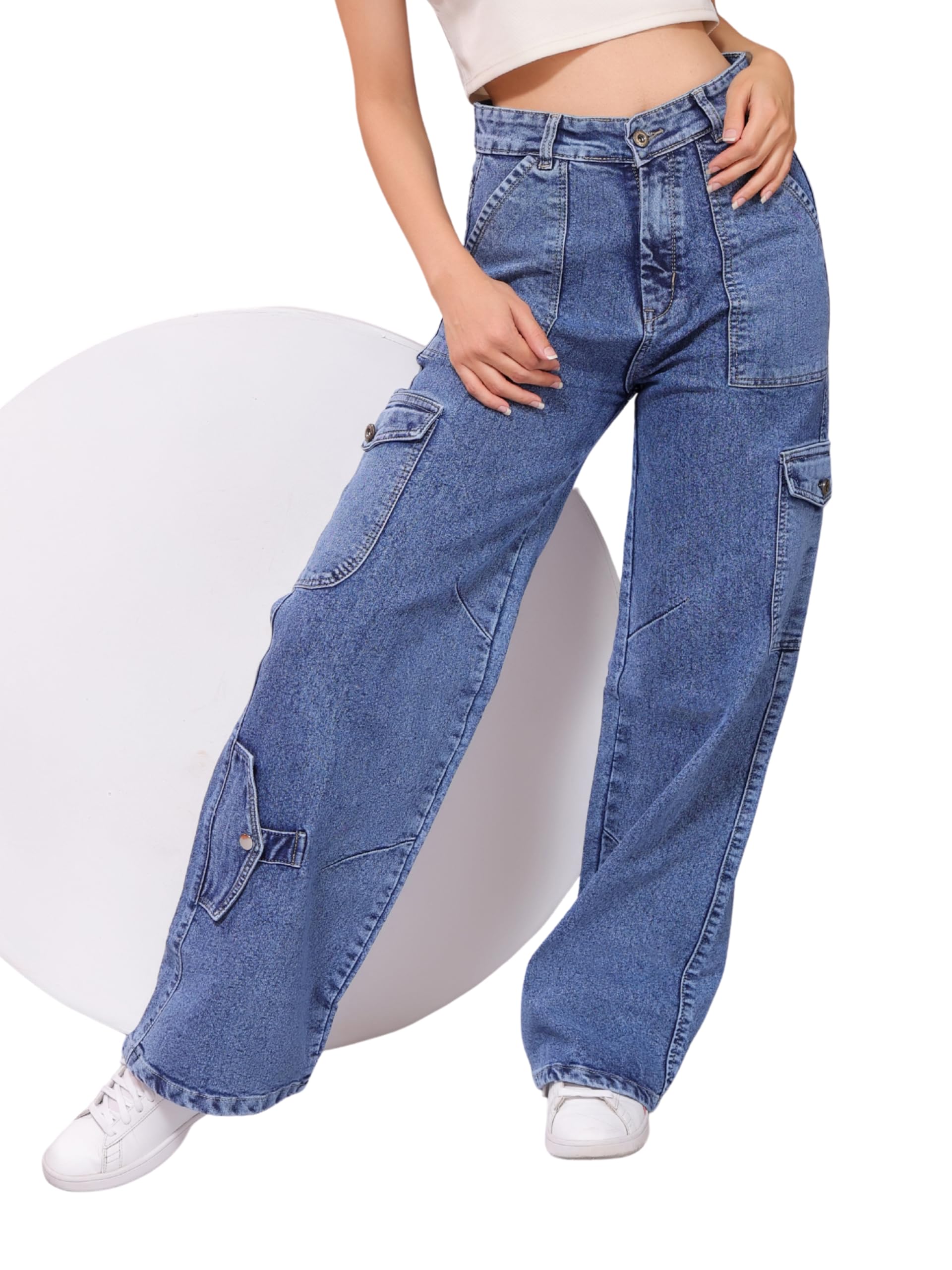 glossia Cargo Jeans for Women | High Waist Wide Leg Cargo Denim | Stretchable Loose Straight Jeans for Women-picture-46