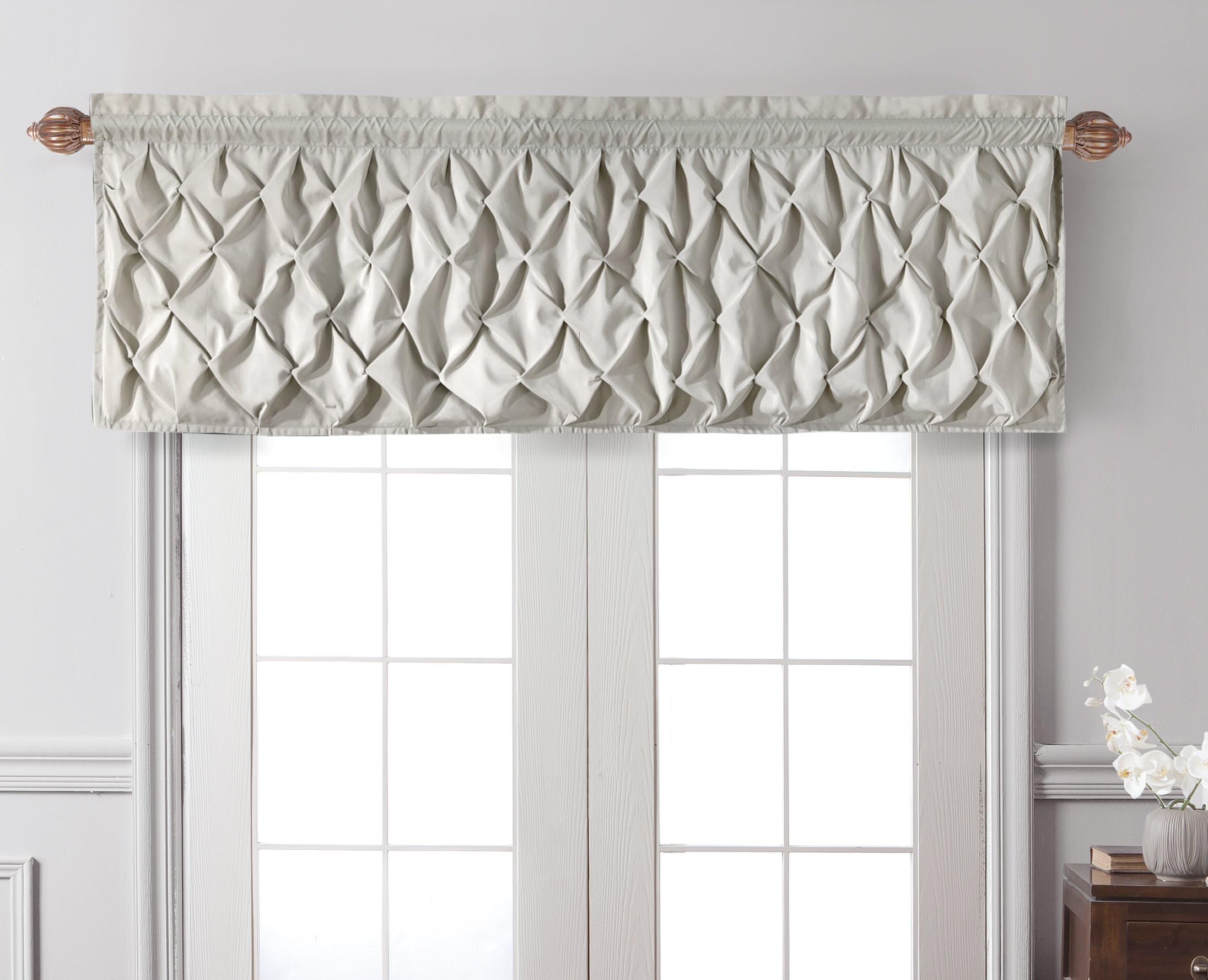 VCNY HomeCarmen Collection | Window Valance with Rod Pocket - Stylish Lattice-Smocked Diamond Design for Kitchen, Bedroom, or Living Room, Taupe