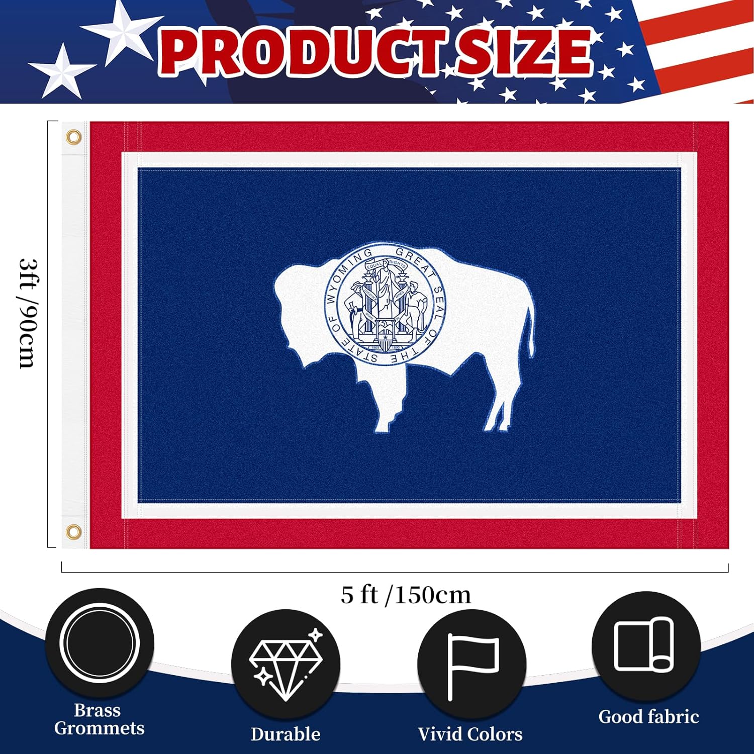 Wyoming Flag 3x5 FT Heavy Duty Outdoor, Embroidered White Bison with State Seal | 210D Oxford Fabric | Brass Grommets and 4 Stitch Hemming | State of Wyoming WY Flags for Outside House Garden