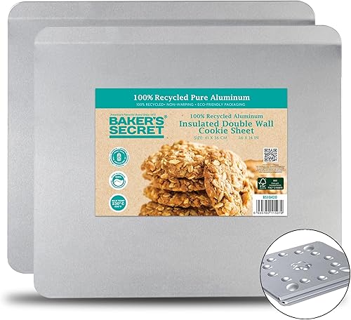 Baker's Secret 2 hojas de galletas con aislamiento de aluminio puro, grado comercial, hoja de galletas de aluminio 100% reciclado, extra gruesa,