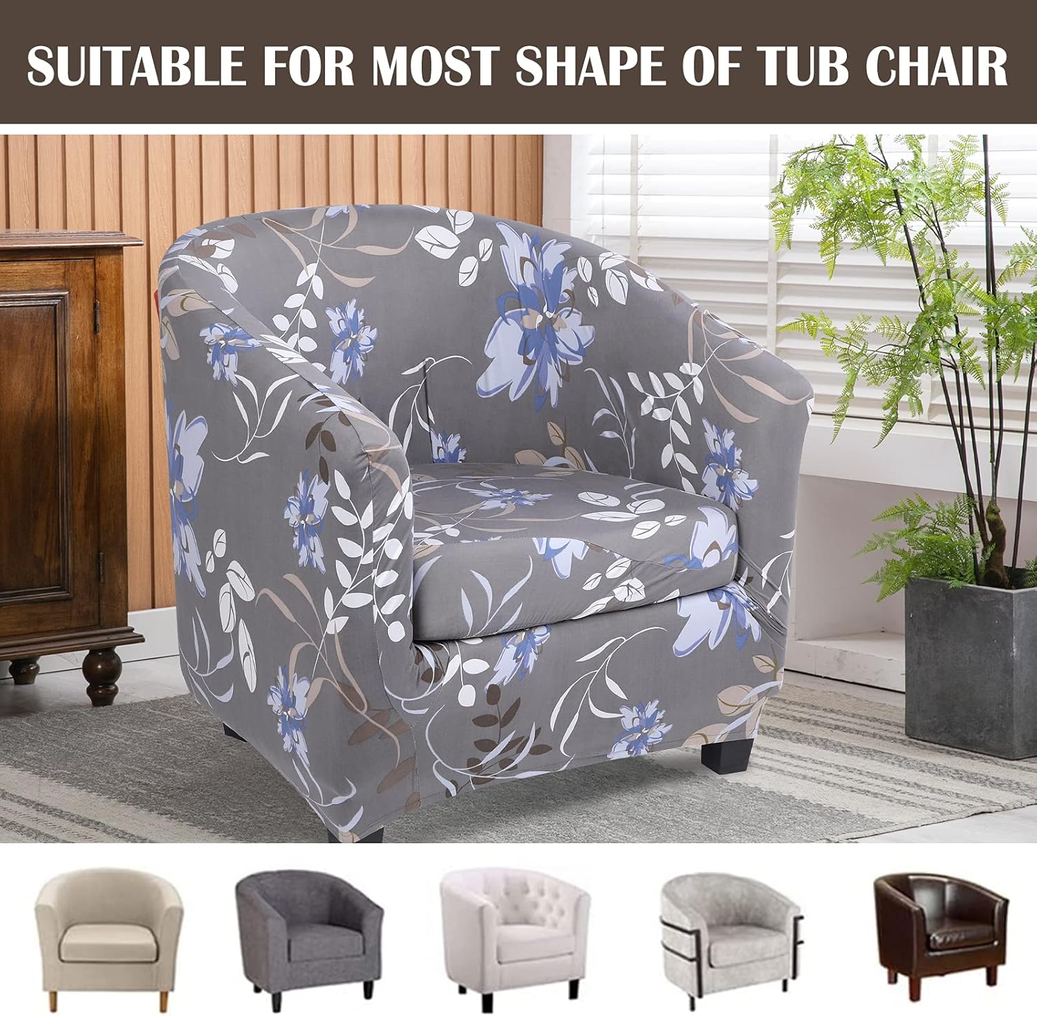SearchI 2 Piece Club Chair Slipcover, Stretch Spandex Floral Pattern Tub Chair Slipcover Armchair Covers Sofa Cover Furniture Protector Couch Covers with Elastic Bottom for Living Room (Grey): Kitchen & Dining