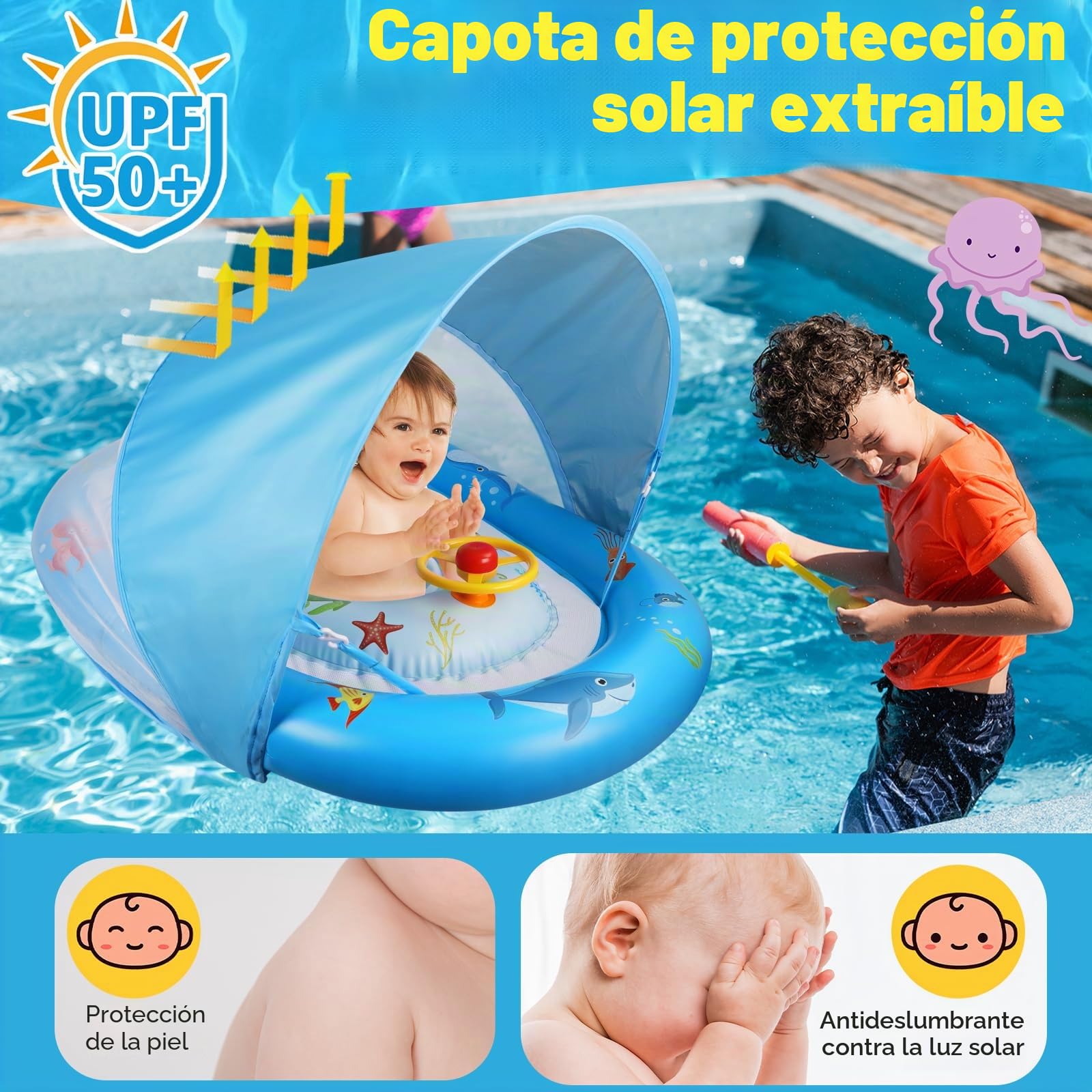 Ninonly Flotador Bebe con Sombrilla UPF50+ Extraíble Flotador para Bebé con Volante Nuevo Inflable Piscina para Niños de Protección Solar Antivuelco para Niños de 18 a 48 Meses
