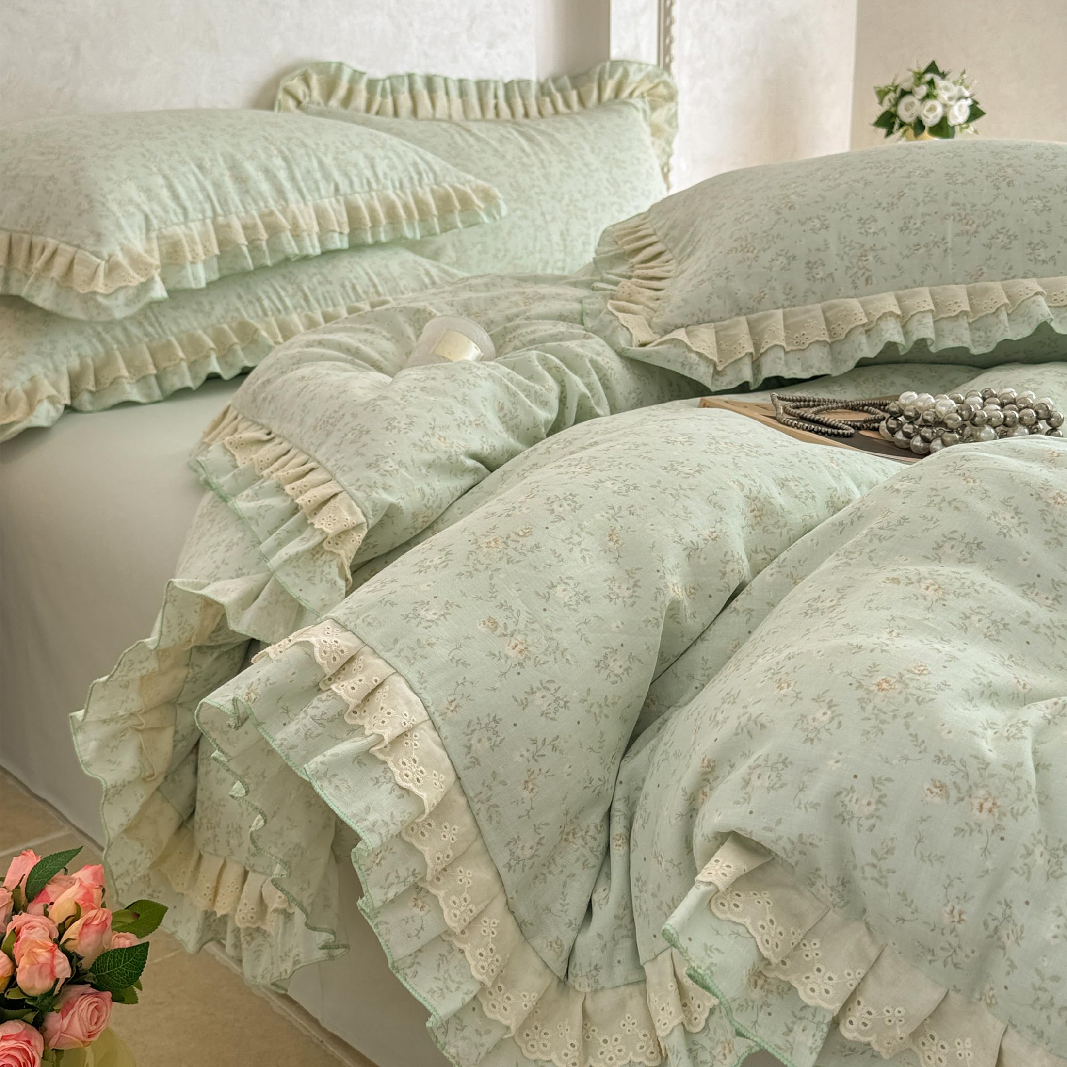 GETIYA Romantisch Mädchen Damen Bettwäsche 200x200 Baumwolle Doppelgarn Bettwäsche Blumen Rüschen Bettbezug Blümchen Floral Muster Baumwollgarn Deckenbezug Hellgrün mit 2 Kissenbezug 80x80 Küche, Haushalt & Wohnen