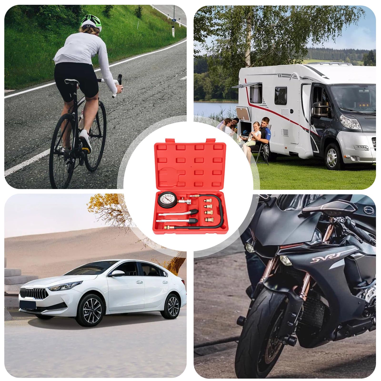 Kit Tester di Compressione per Auto: Set di 4 Adattatori e Valigia, Misuratore di Compressione Motore a Benzina 0-20 Bar o 0-300 PSI, per Camion, Moto
