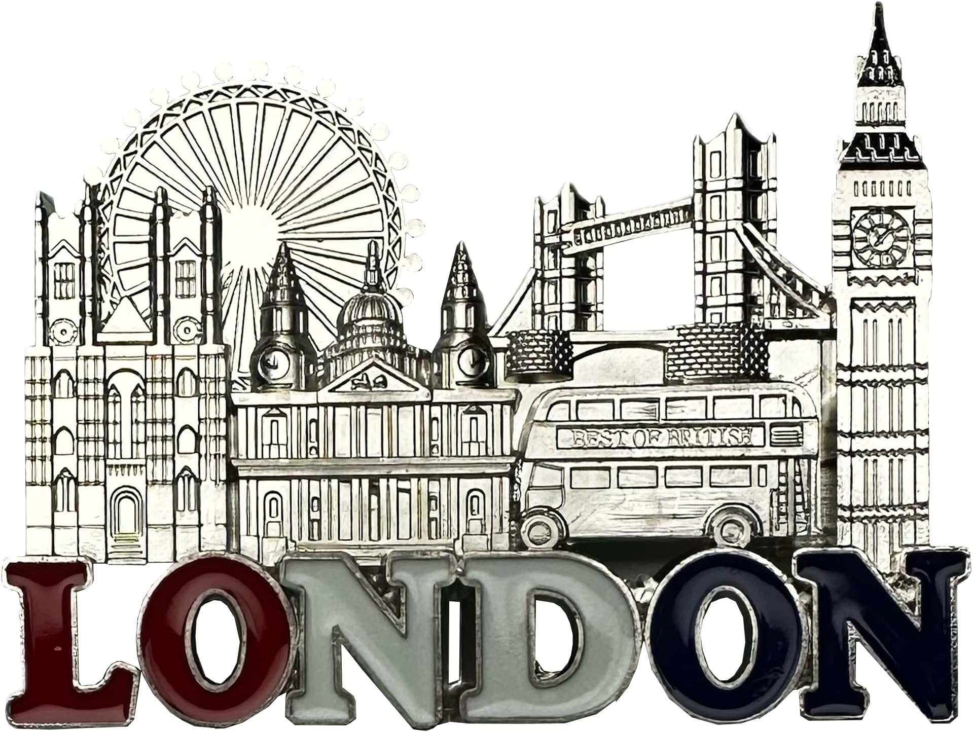 London Metal Silver Coloured Fridge Magnet - Word in Red Glitter/Westminster Abbey/St. Paul's Cathedral/Eye/Tower Bridge/Best of British Double Decker Bus/Big Ben/UK Souvenir/Gift Idea