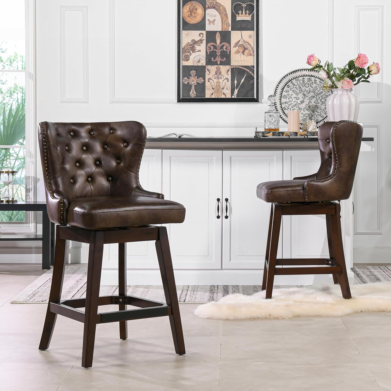 Swivel Bar Stools Set of 2 Leather Counter Height Bar