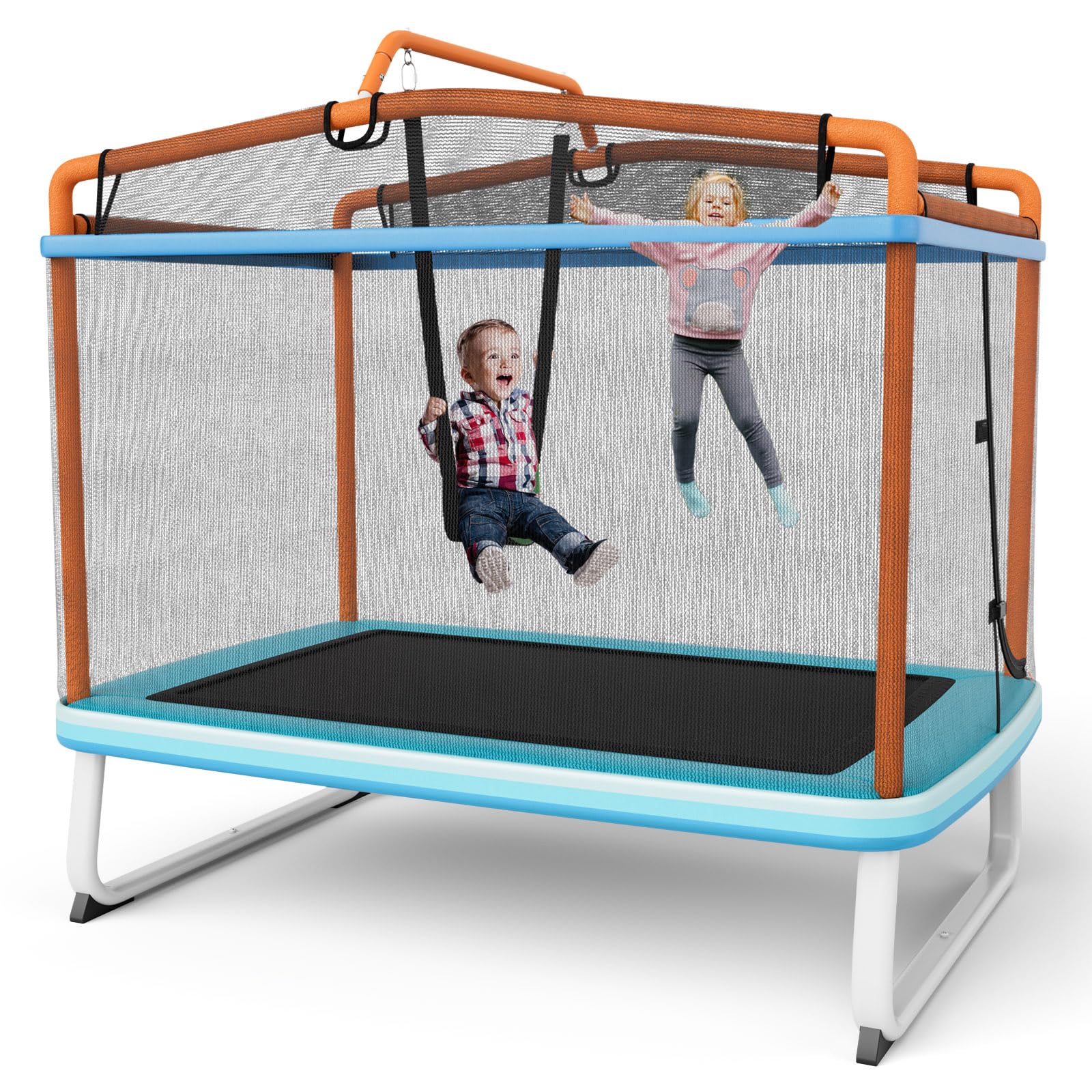 LIFEZEAL Trampolina dziecięca 3 w 1, ze zdejmowaną huśtawką i drążkiem, prostokątna trampolina ogrodowa, dla dzieci, 190 x 124 x 222 cm, do użytku na zewnątrz i wewnątrz