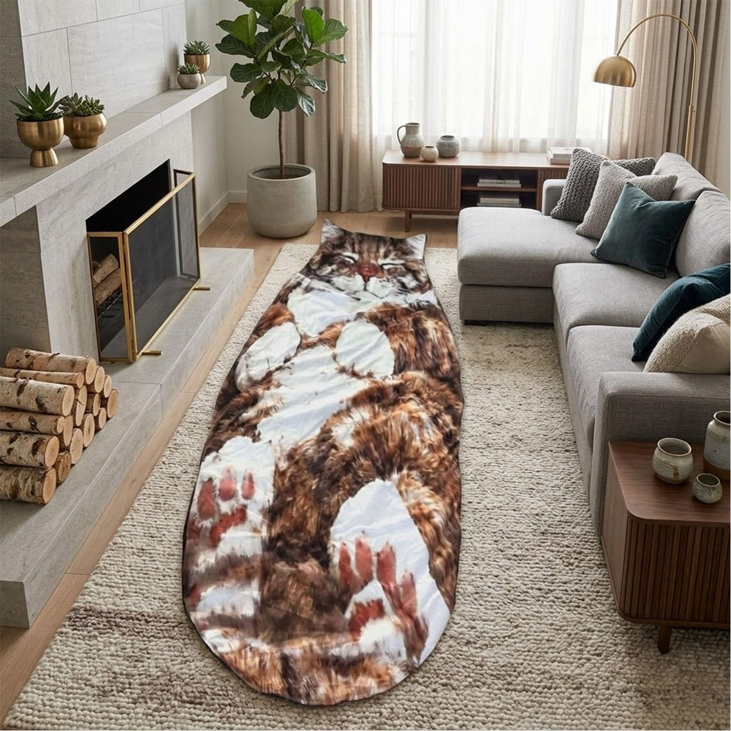 Katzenförmiger Plüsch-Schlafsack für Erwachsene, 175 x 80 cm, flauschiger Katzenumschlag, Schlafsack für Menschen, weiche, warme Tierdecke für Camping, Übernachtungen und zum Entspannen zu Hause