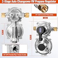 Vista 2 de Regulador de propano para RV, 2 mangueras de tanque, regulador de gas propano LP, cambio automático de 2 etapas con manómetro y dos mangueras