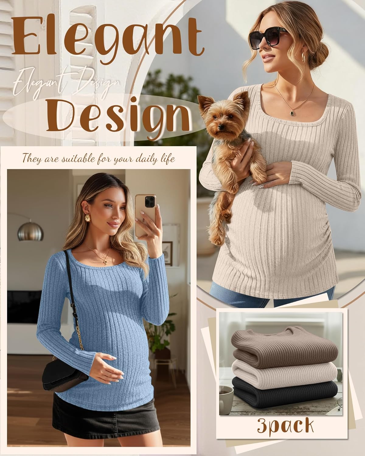 Ficerd 3 Pack Women's Maternity Tops, Long Sleeve Pregnancy Sweaters Scoop Neck Ribbed Knit Casual Pregnant Tee Shirts - Image 3