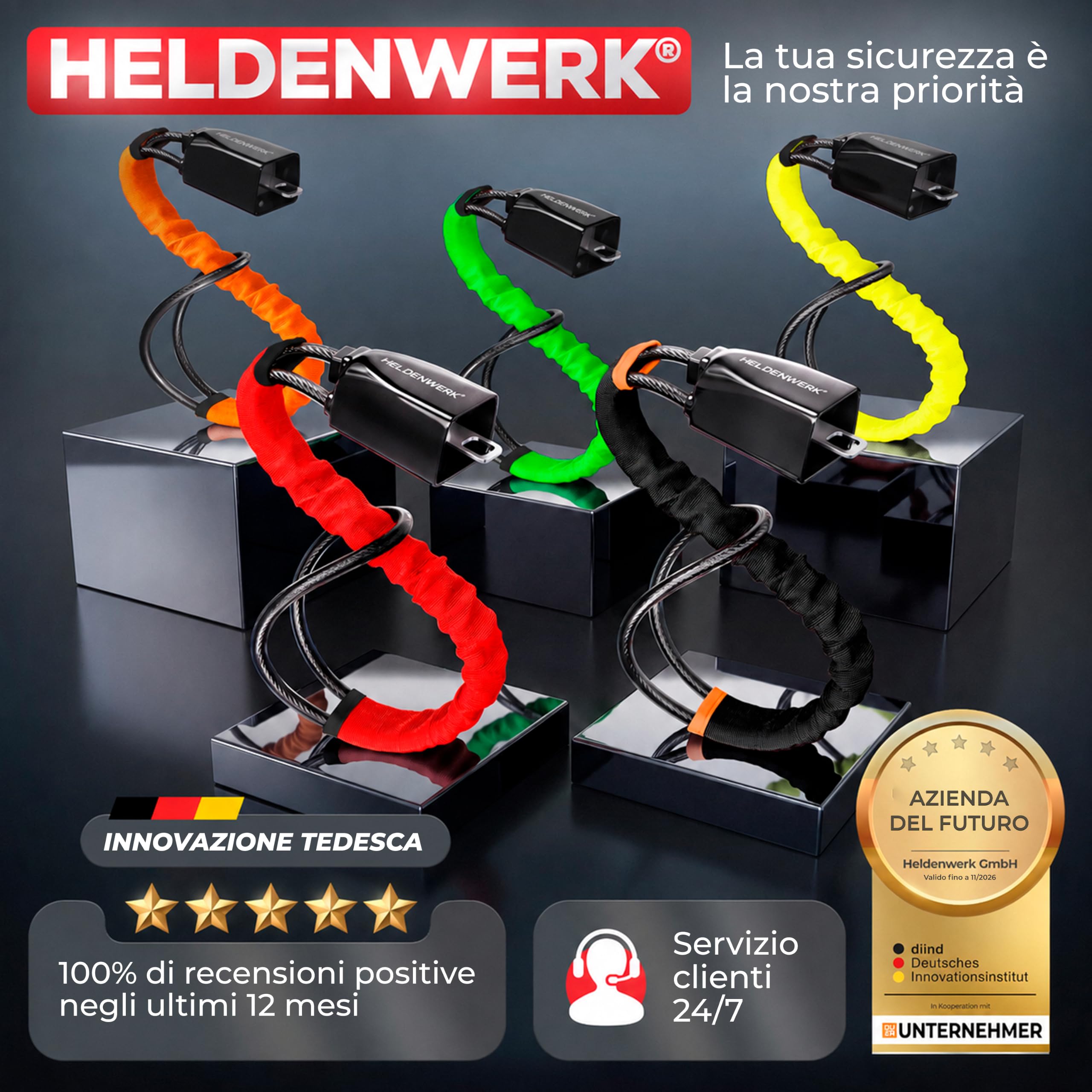 HELDENWERK® Artiglio volante per auto e camper in metallo – Misura universale – Blocco volante con corda d'acciaio spessa – Immobilizzatore antifurto con 3 chiavi di sicurezza (nero)