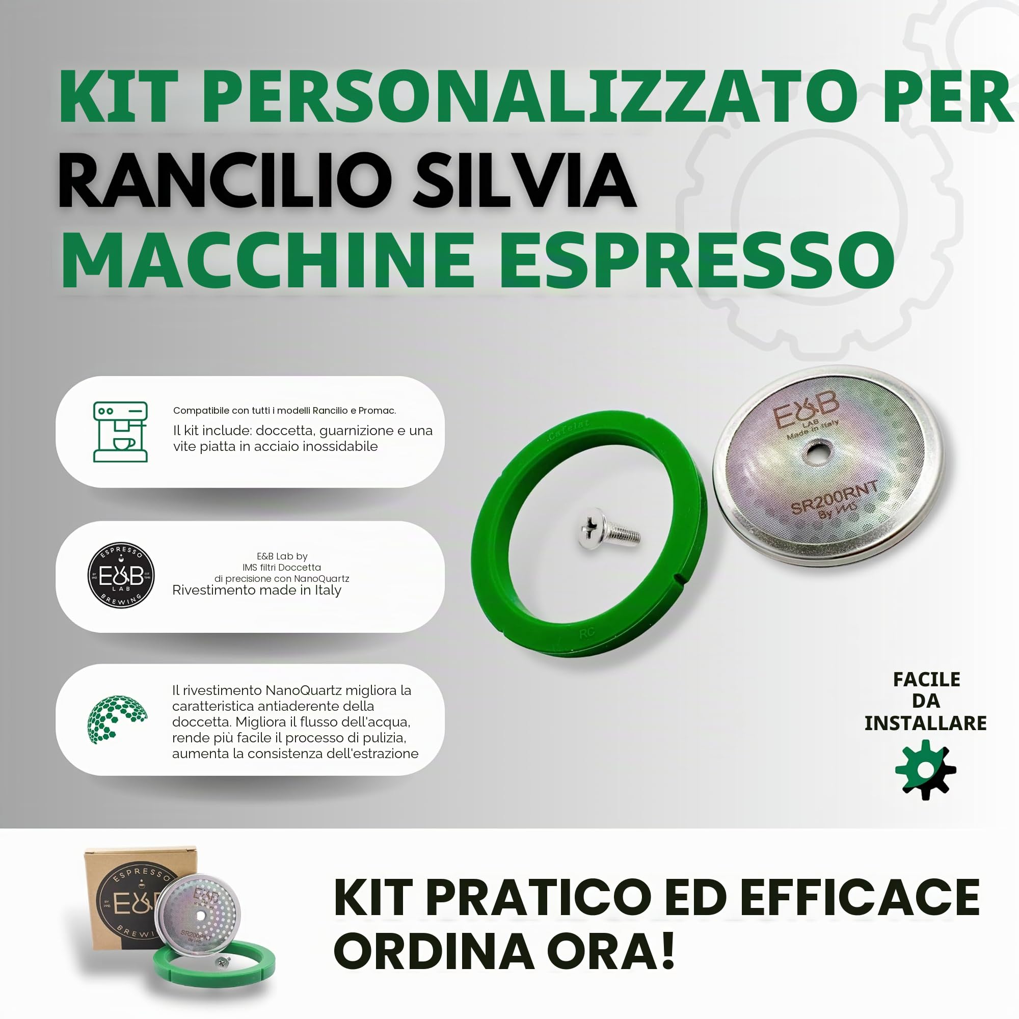 Kit di messa a punto personalizzato per macchine da caffè Rancilio Silvia Schermo rinforzato IMS Nanotech SRT200NT, Guarnizione Cafelat - Verde, Vite Piatta.