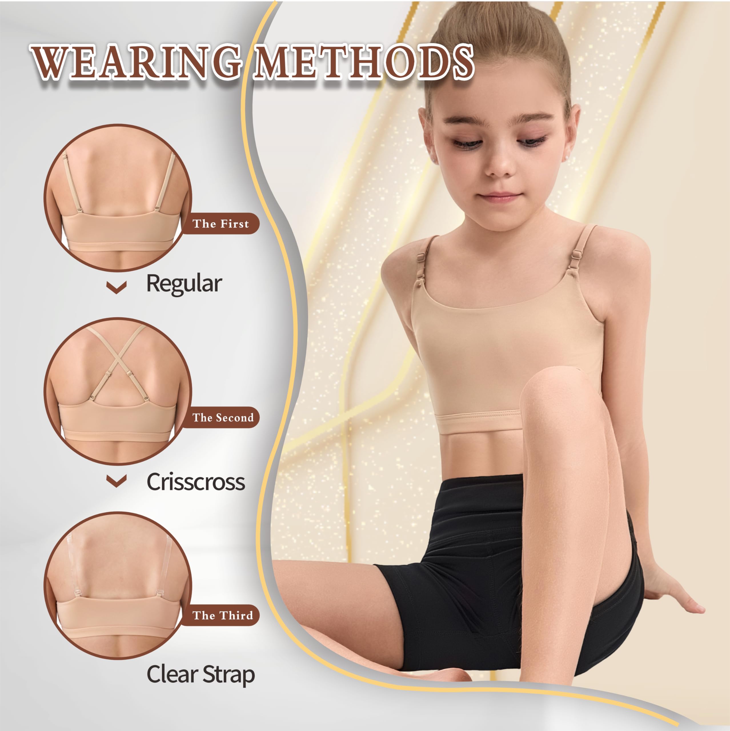 Adjustable Dance Bra Seamless Bra for Girls,7-16 Years Training Ballet Gymnastics with Clear Strap and Silicone Pads - 5