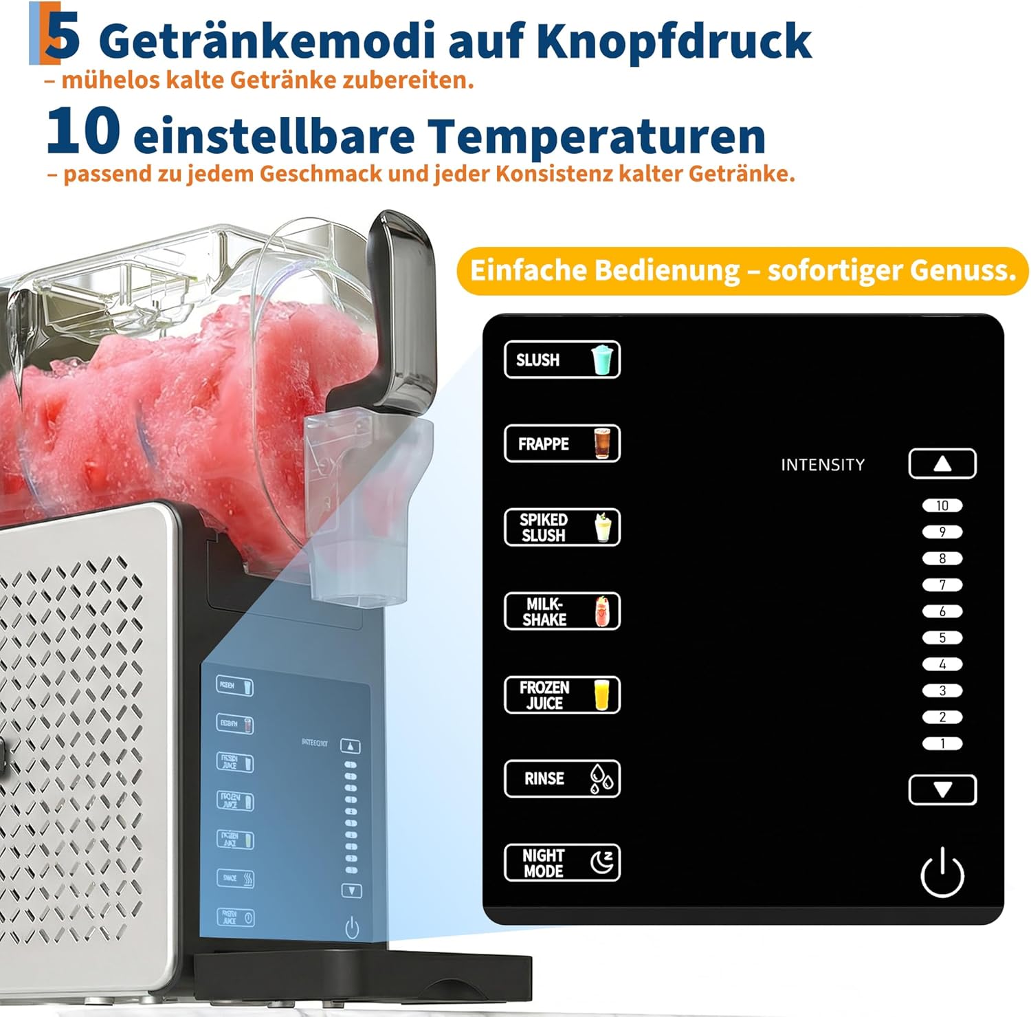 Slush machine dispensing yellow slush into a glass, with a note about 15-60 minute preparation time and quiet operation.