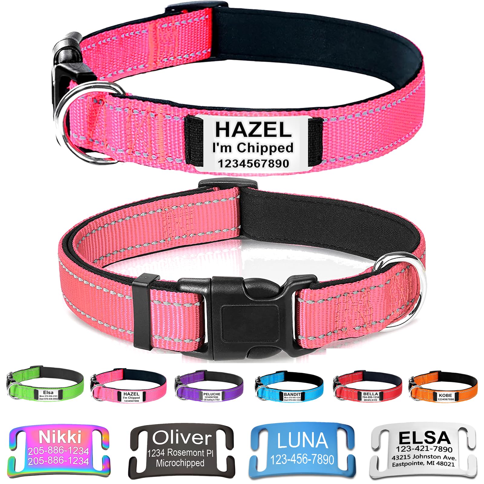 Nocmxta Custom Dog Collars with Name Plate, Engraved Name Plate ID Tags with Reflective Nylon Dog Collar,Soft Neoprene Padded Adjustable Pet Collar