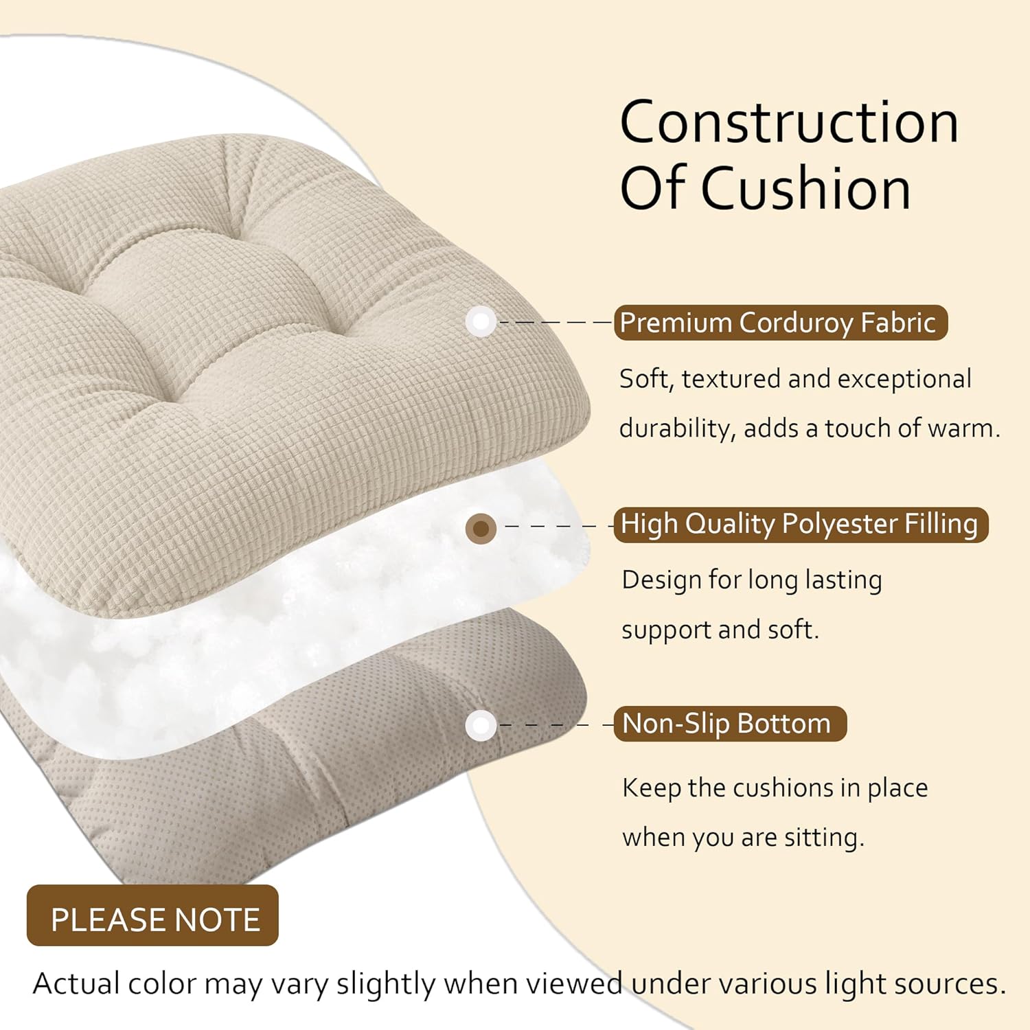 ELFJOY Dining Chair Cushions Set of 2 Thick Non Slip Kitchen Chair Pads with Ties Comfortable Indoor Kitchen Seat Cushions 18" x 18" x 3" Beige
