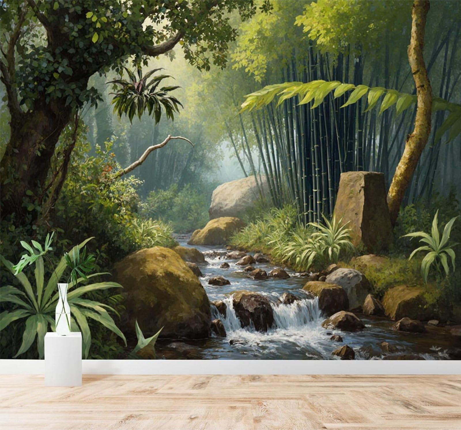 XLMING Fresh Bamboo Grove River Rocks Lush Vegetation 3D Wallpaper Premium Textured Silk Study Dining Living Room Bedroom Sofa TV Wall Easy Install-250cm×170cm