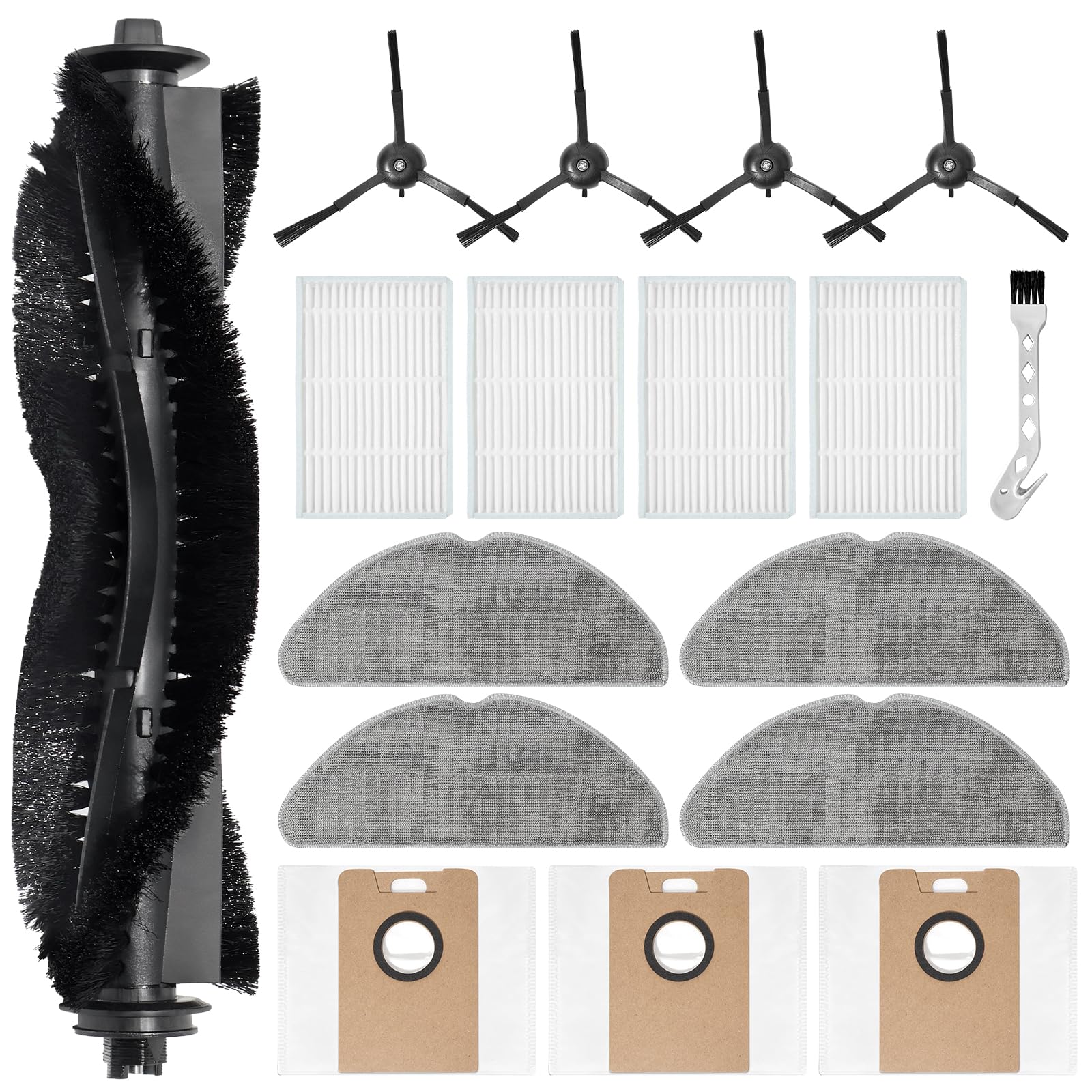 DianSung Accessories for Tapo RV30 Max Plus/Tapo RV30 Max/Tapo RV20 Max Plus/Tapo RV20 Max Vacuum Cleaner Replacement Part, 1 Main Brush,4 Mop Pad,3 Dust Bags,4 Side Brushes,4 Filters