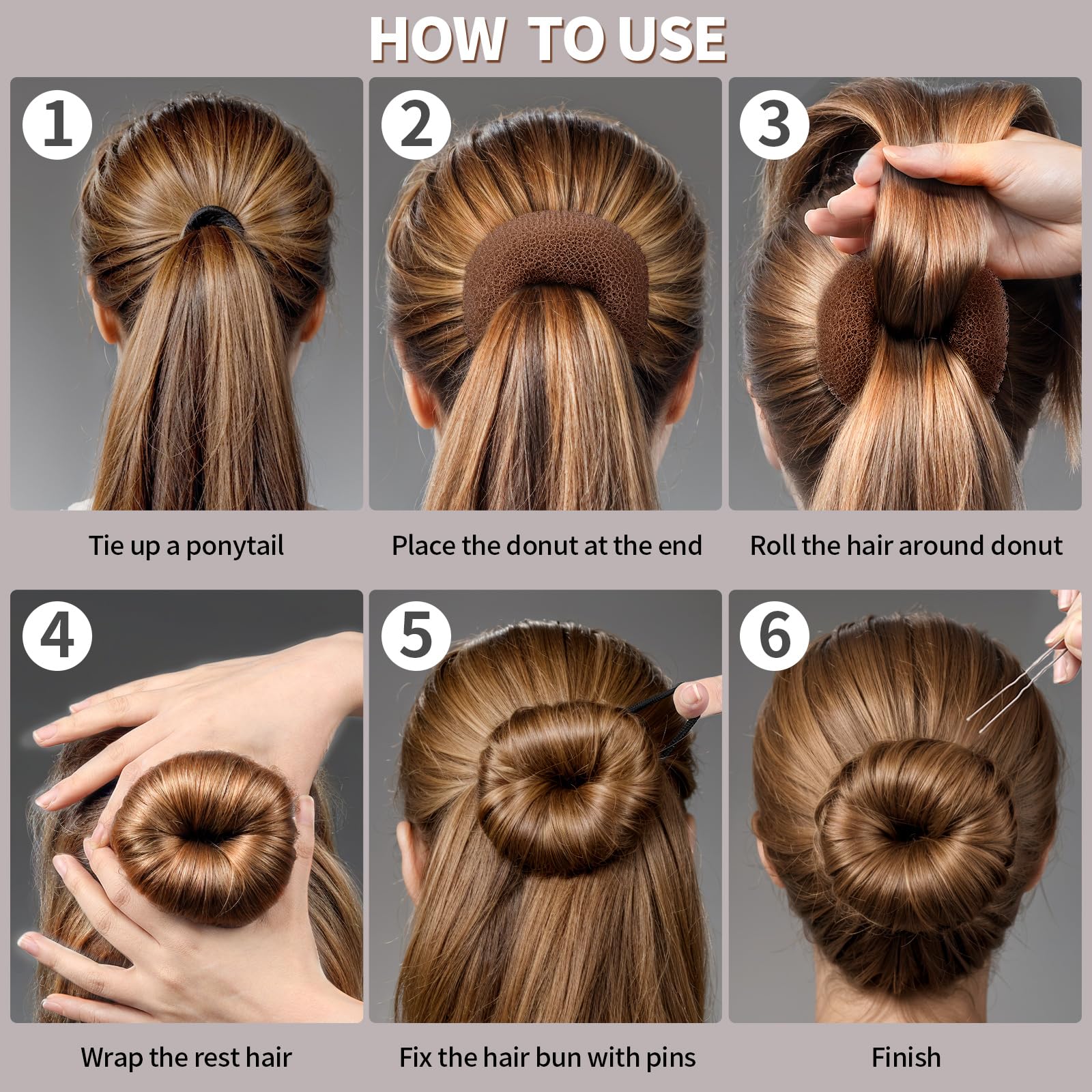 Juego de 7 donas de pelo para moños (1 extragrande, 2 grandes, 2 medianas y 2 pequeñas), 10 redes invisibles para moños, 20 alfileres, 5 lazos elásticos para el cabello, color negro, máquina 5