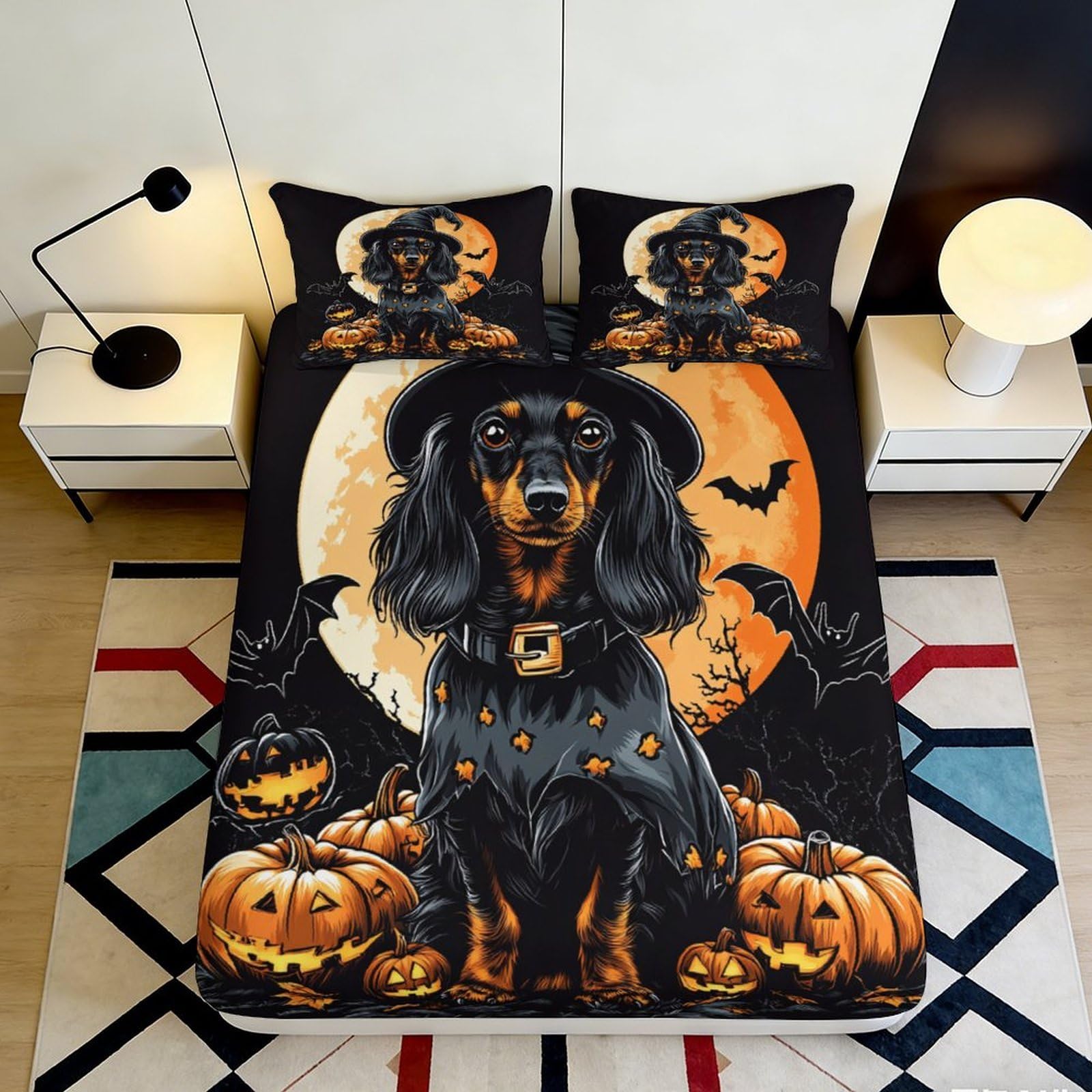 3D Printed Halloween Dog Fitted Sheet Microfiber Soft Black Pumpkin Bat Bed Cover for Bedroom Guestroom Decor 90x200x25cm