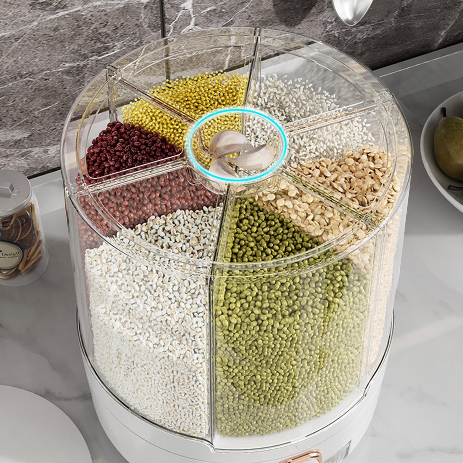 Contenedor de arroz | Dispensador de granos giratorio de 360° | Contenedor de almacenamiento de arroz con 6 compartimentos | Tapa extraíble | Dispensador de almacenamiento de lentejas
