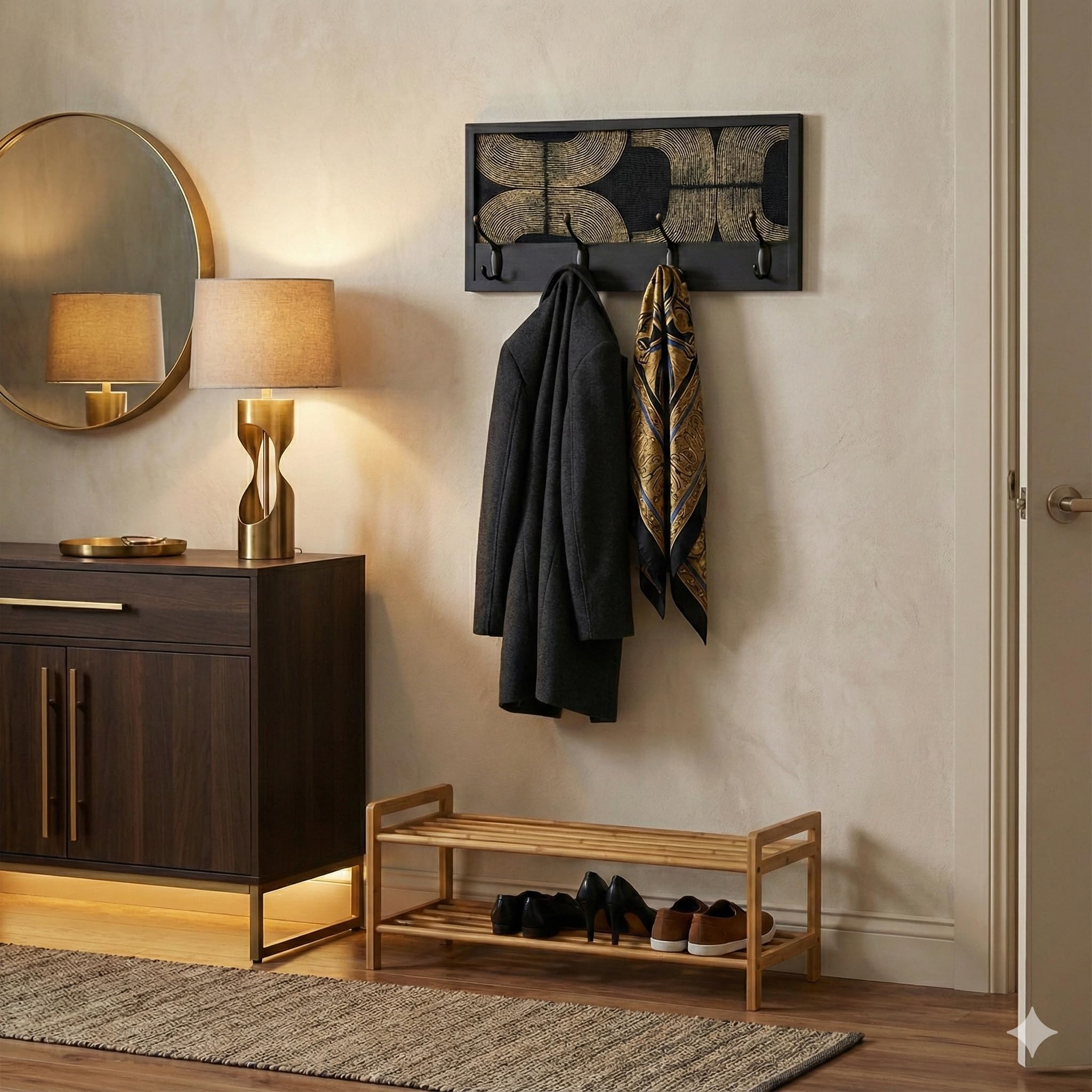 Perchero Pared Madera 52x25cm Mid-century Negro 4 Ganchos | Hecho en España. 4 ganchos dobles (8 colgadores) para ropa y abrigos. Ideal para entrada, salón u oficina.