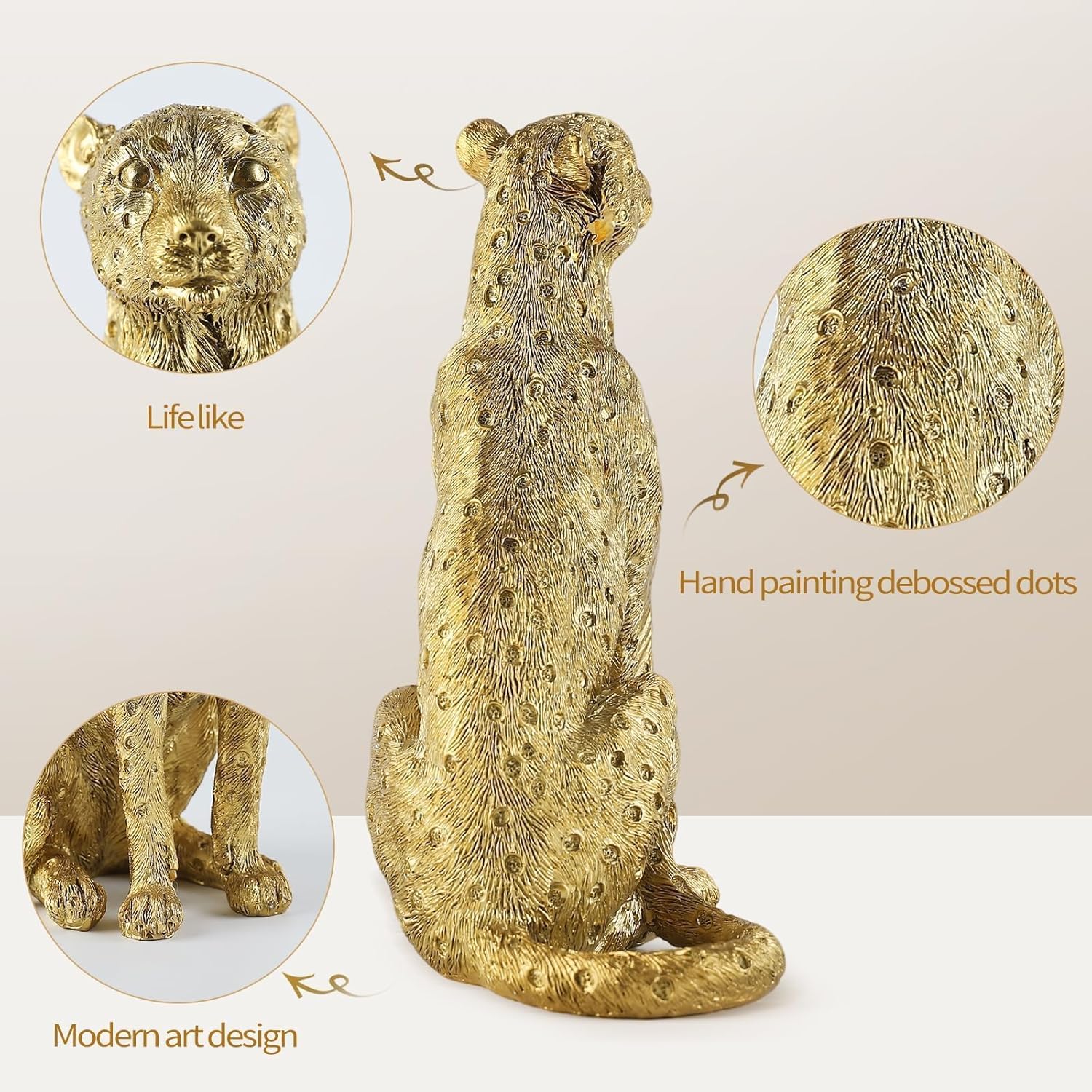 Cheetah Statue for Home Decor, 8" Resin Sitting Leopard Sculpture, Gold Desktop Decoration for Living Room, Dining Room, Office,Shelves, Coffee Table, Tv Stand or Entry Way