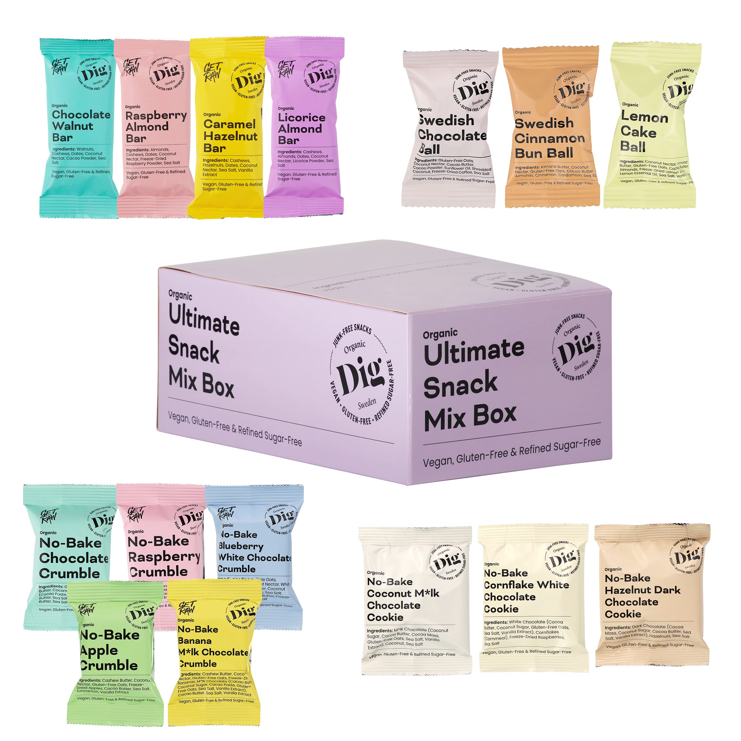 Dig/Get Raw - Ultimate Snack Mix Box - Alle Produkte in einer Box! - Gesunde Snacks, vegan, glutenfrei und ohne raffinierten Zucker, der ideale Bürosnack für alle - 15 Stk., 508g