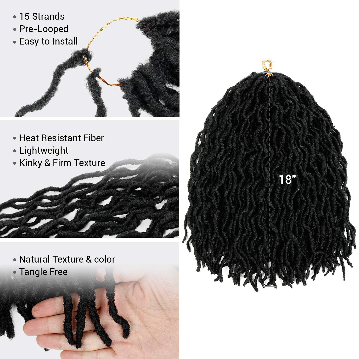 AU-THEN-TIC Faux Locs Wavy Crochet Hair,18 Inch, 4 Pack, Pre-Looped Synthetic Extensions for Dreadlock and U-Loc Styles,(1B-OffBlack)