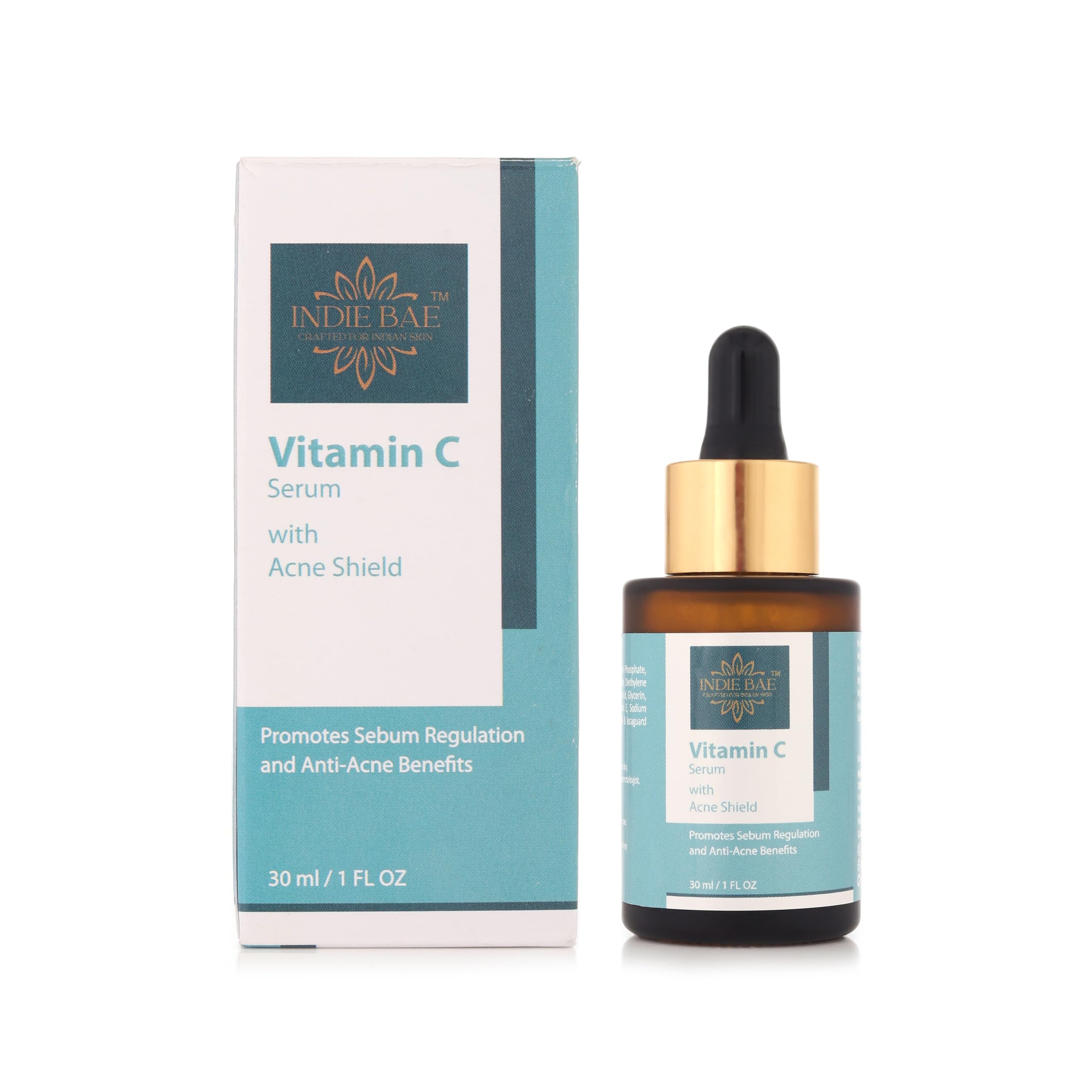 Crafted for Indian Skin: Indie Bae Vitamin C Serum with Acne Shield| Purest Vitamin C with Vitamin E| Controls oil production, reduces skin discoloration, and diminishes dark spots and scars| Features anti-acne properties| Face Serum for all Skin Types| Face Serum for Men & Women | 30 ml