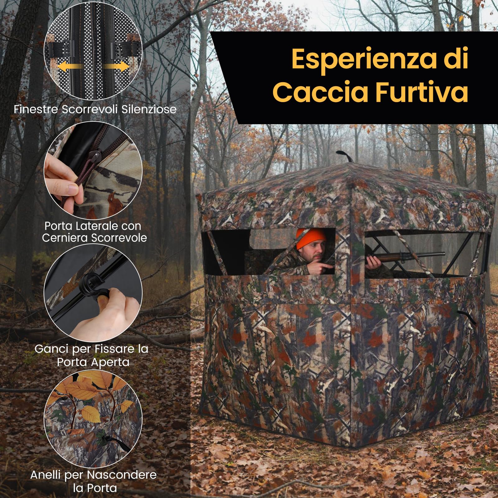 COSTWAY Tenda da Caccia Portatile per 4 Persone, Capanno Mimetico a Visione a 360° con Rete Trasparente e Borsa da Trasporto, Tenda Pop-up Camouflage per Caccia di Cervi e Tacchini, 147 x 147 x 170 cm